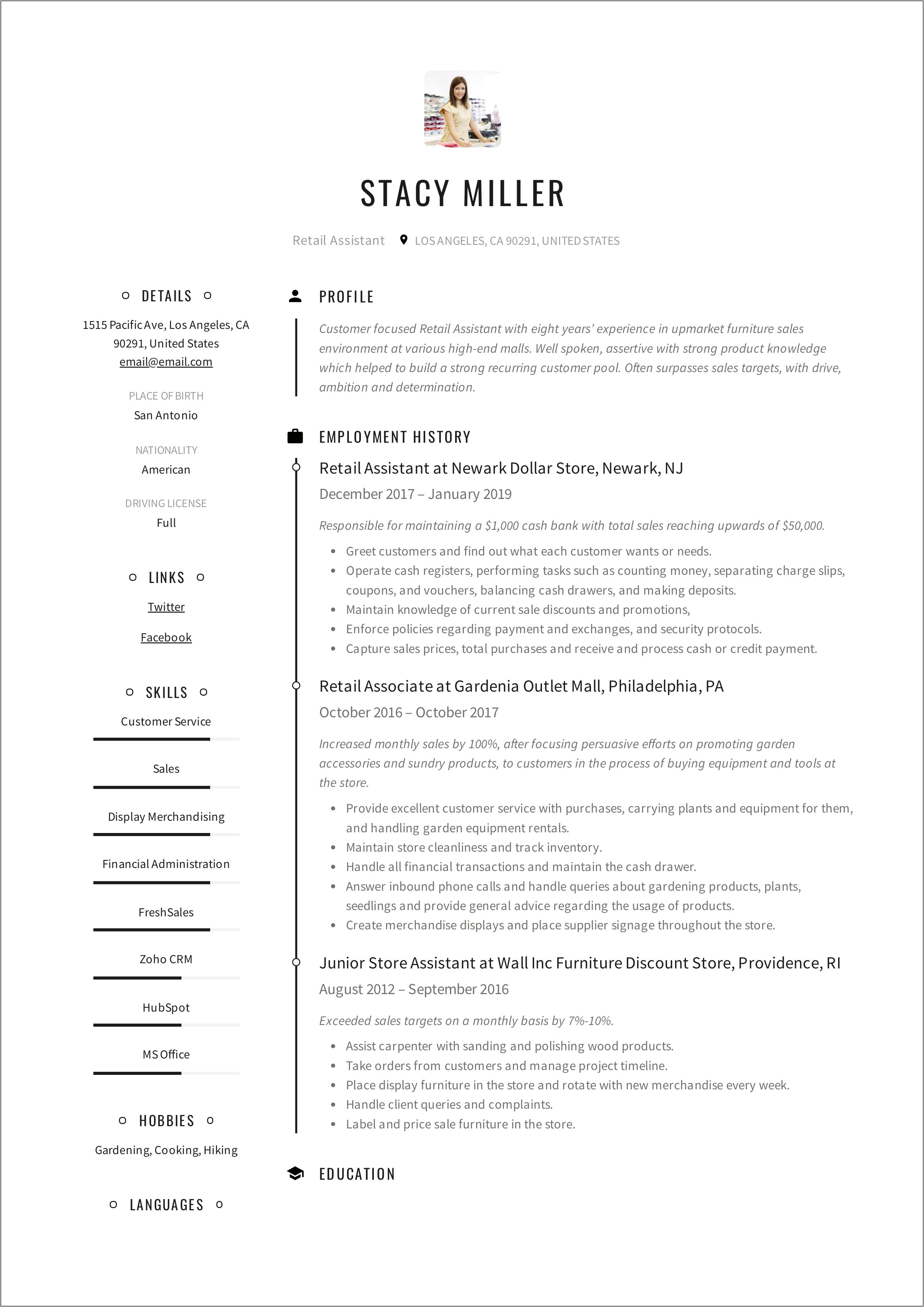 Furniture Store Manager Resume Samples