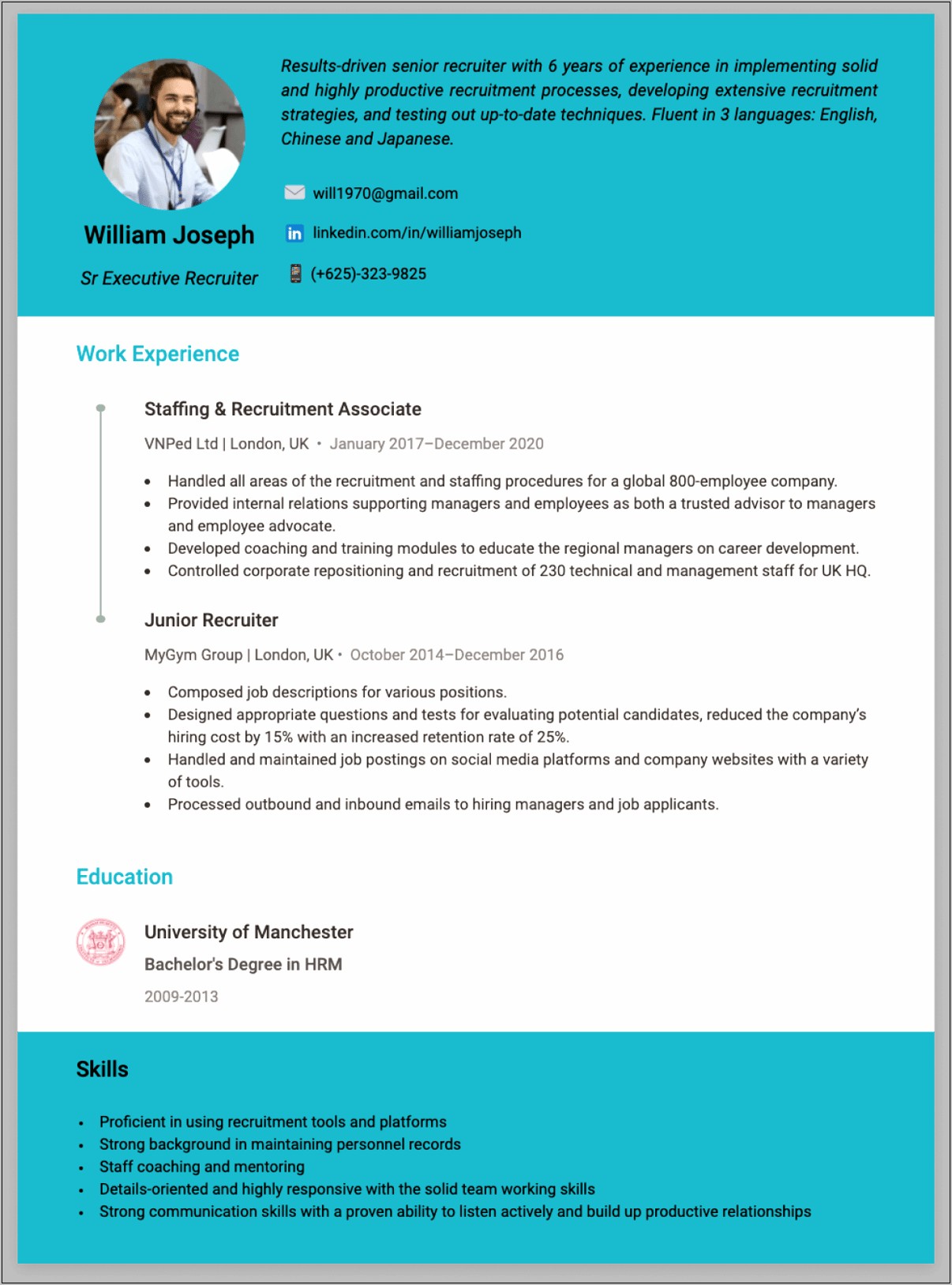 G&a Recruiter Resume Example