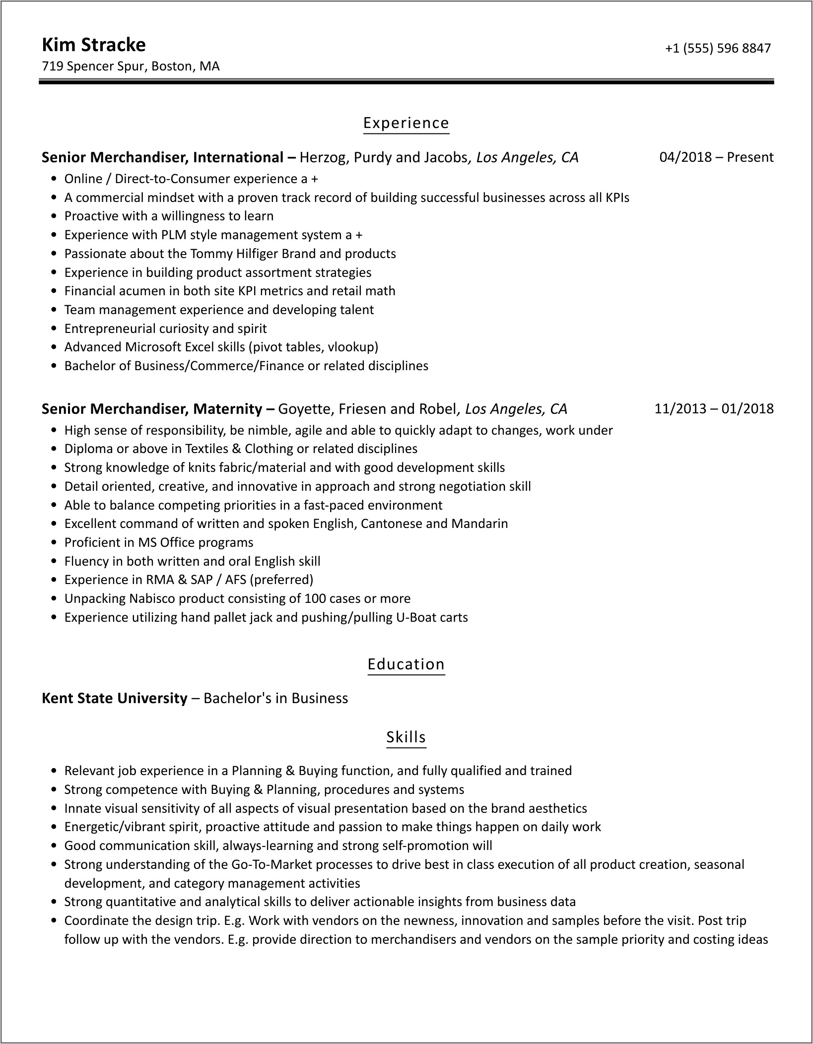 Garment Senior Merchandiser Resume Sample