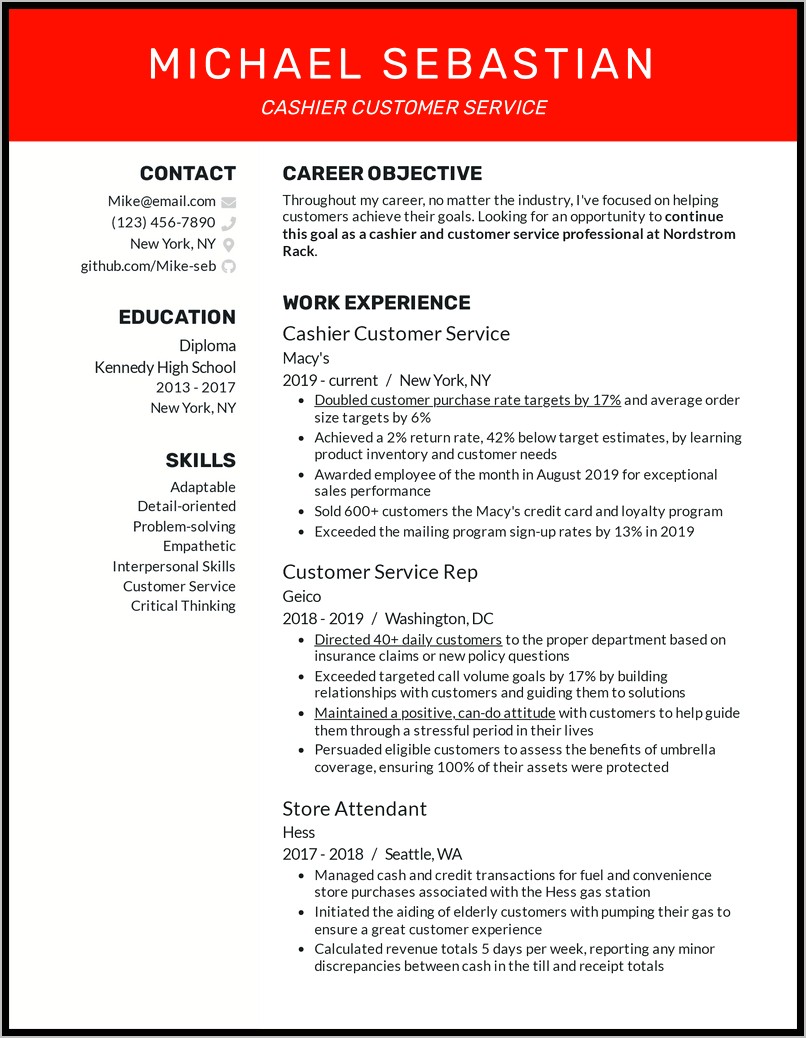 Gas Station Cashier Resume Objective