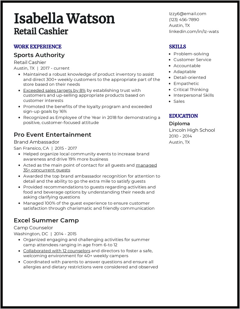 Gas Station Cashier Resume Sample