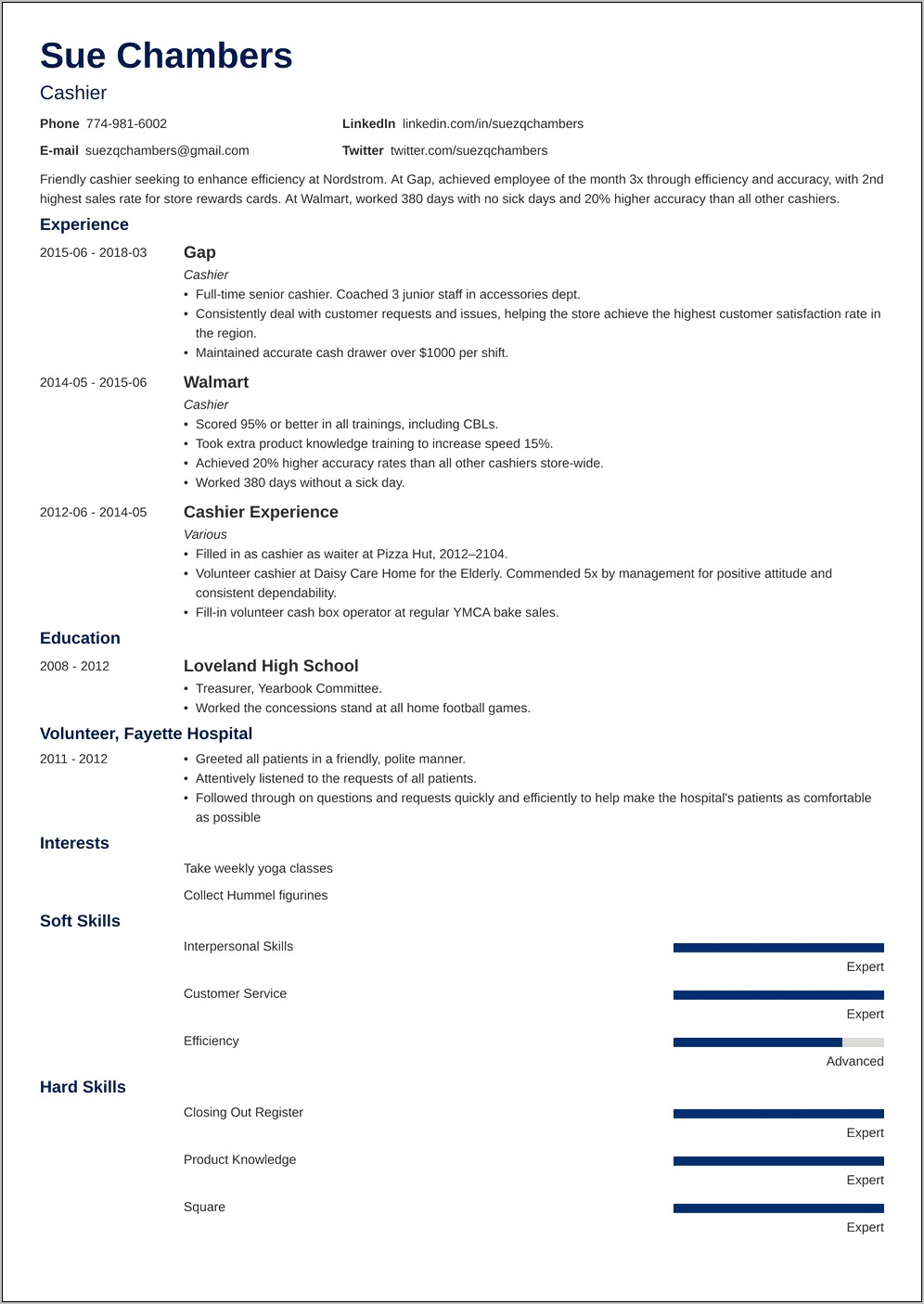 Gas Station Cashier Sample Resume