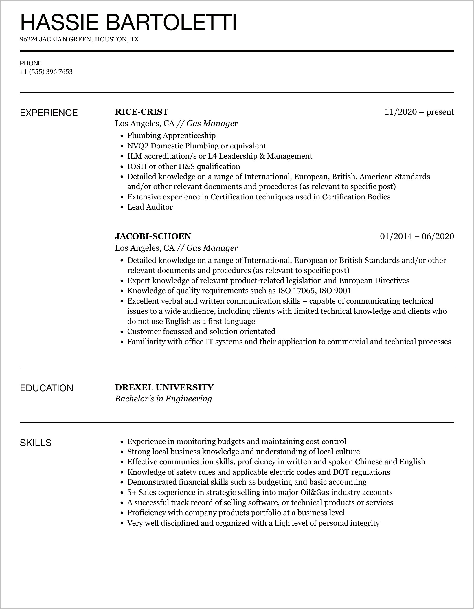 Gas Station Chain Manager Resume