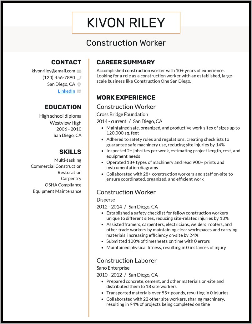 General Construction Resume Objective Examples