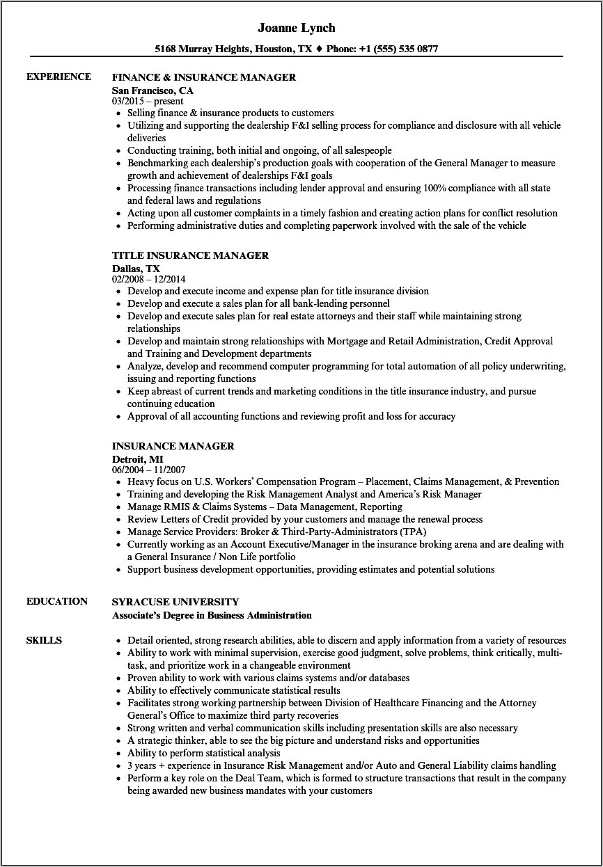 General Insurance Sales Manager Resume