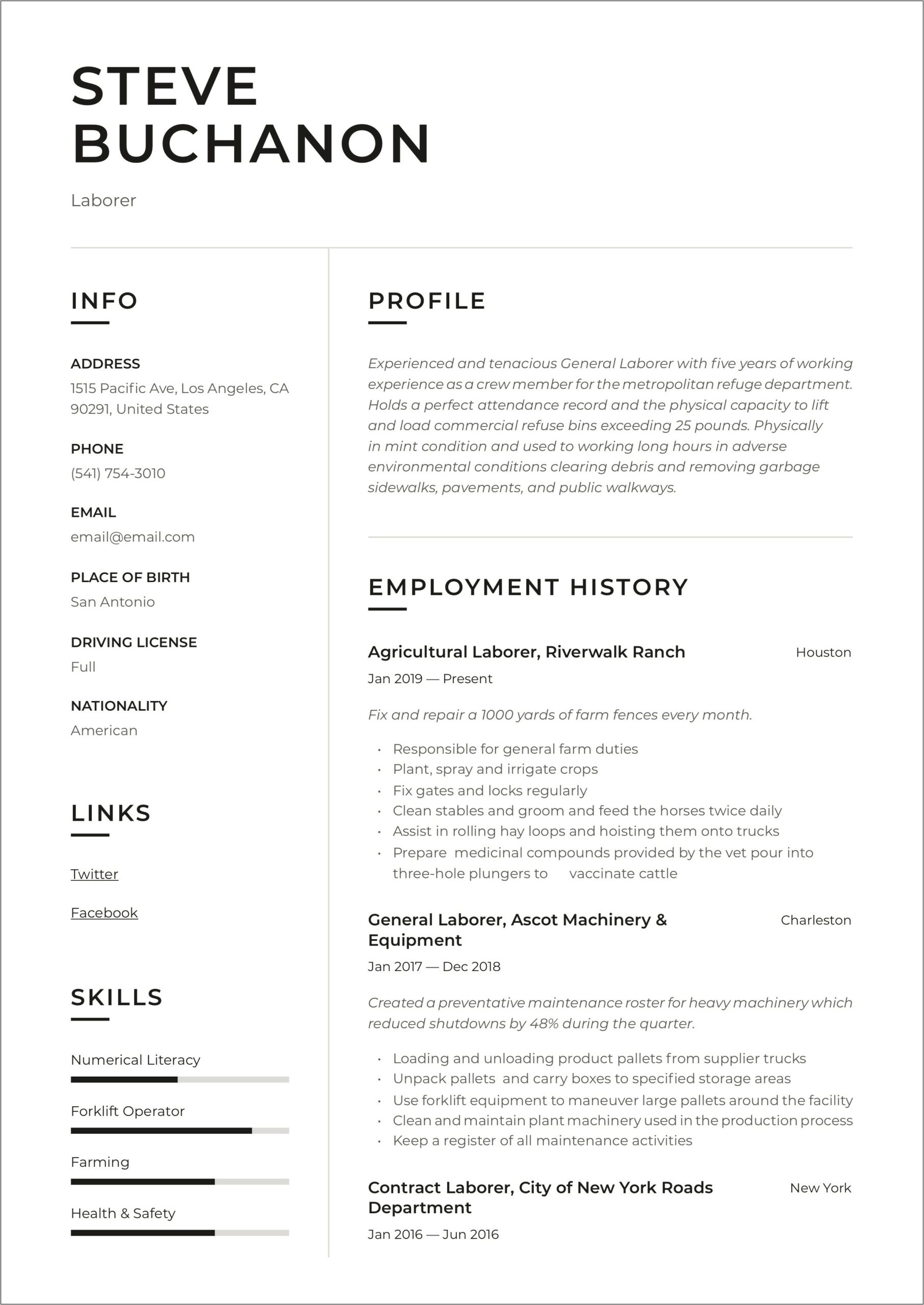 General Labor Job Description Resume