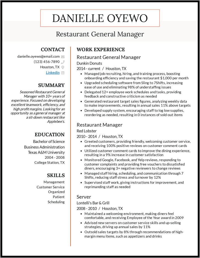 General Manager Restaurant Resume Objective