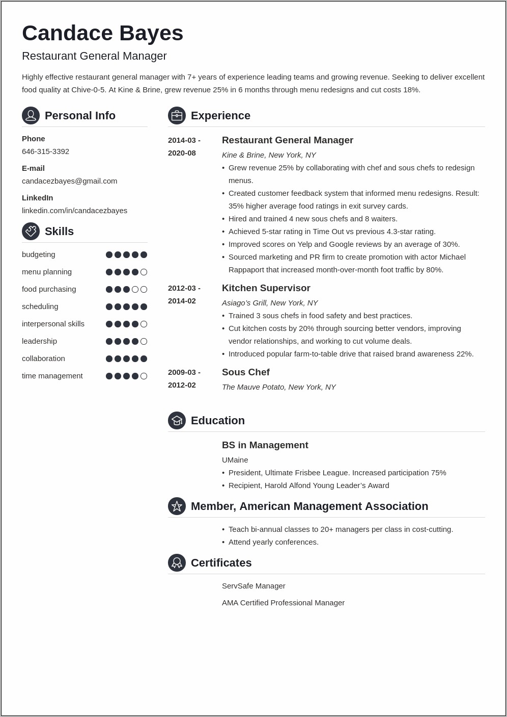 General Manager Restauratn Sample Resume