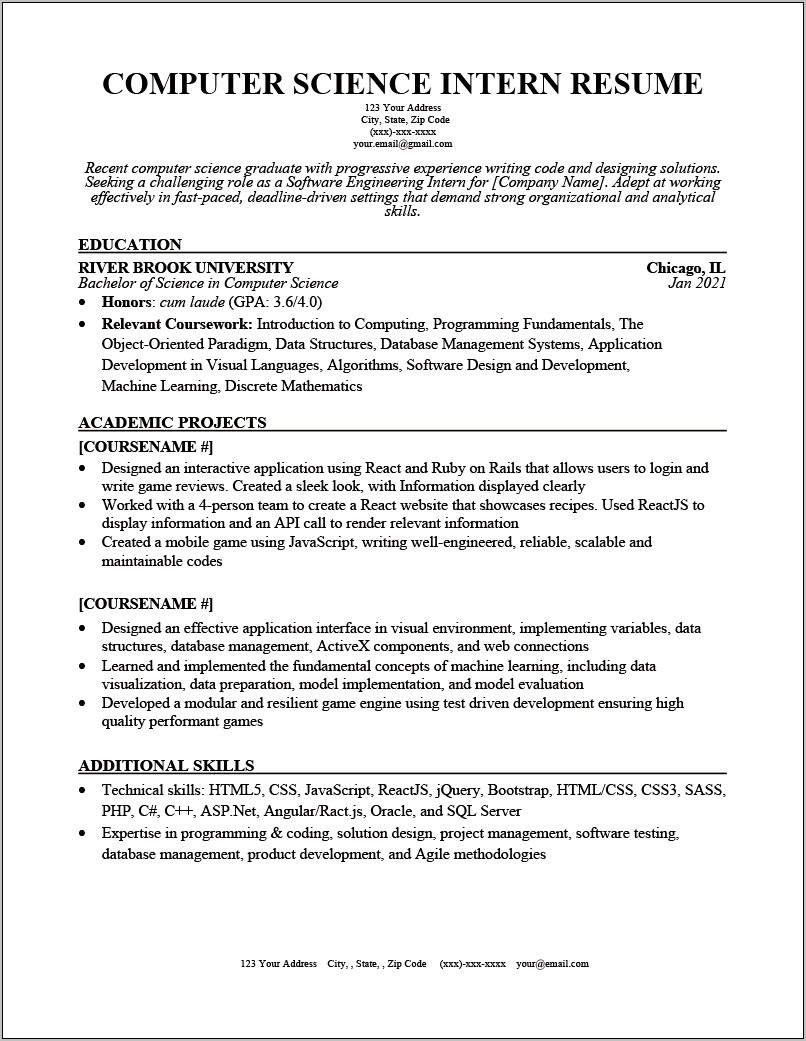 General Objective For Internship Resume