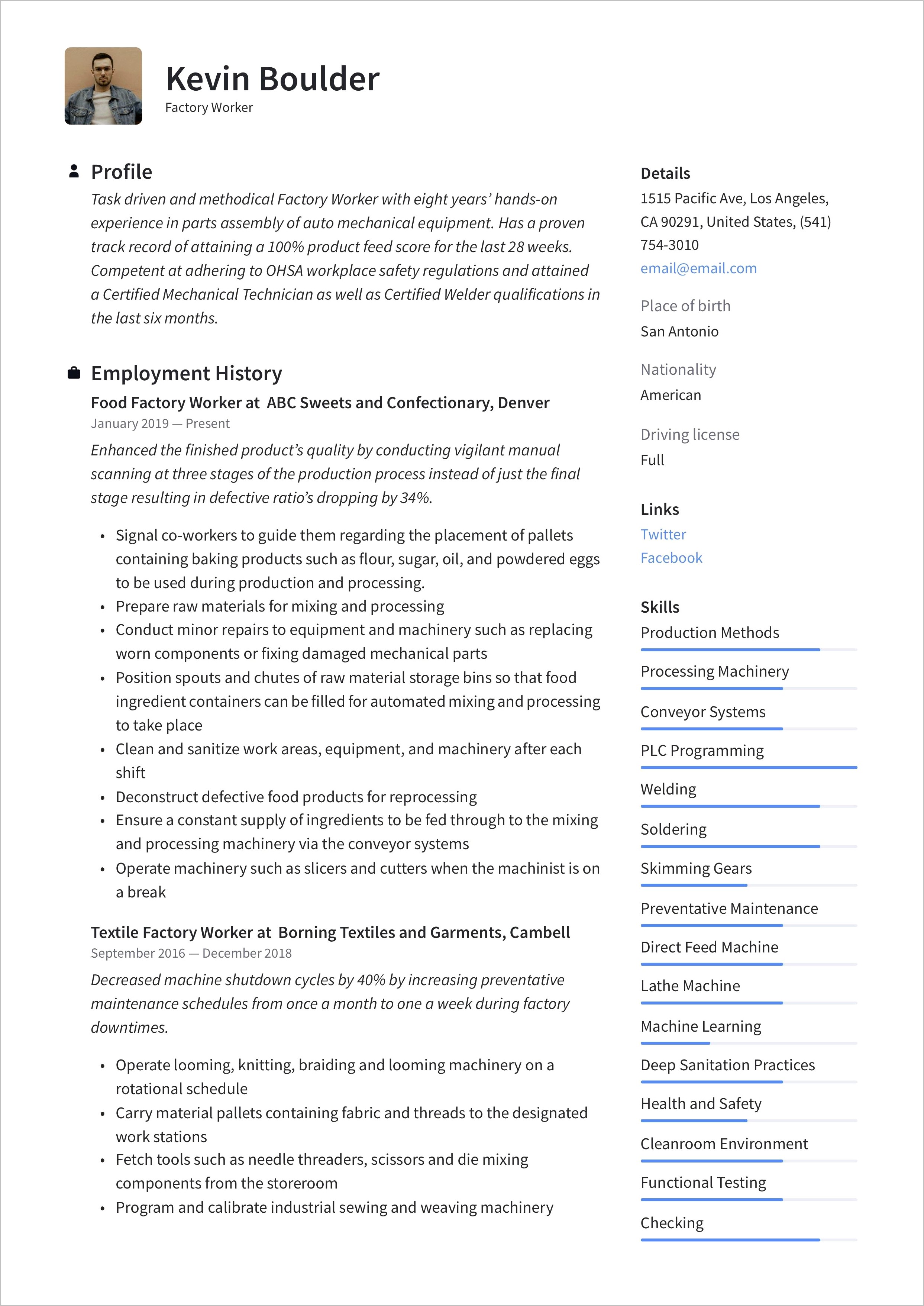 General Resume Skills For Manufacturing