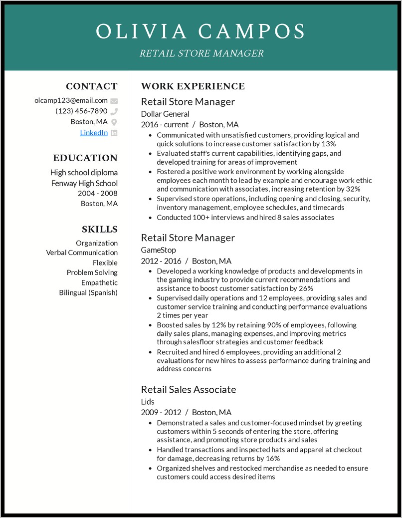 General Store Manager Resume Sample