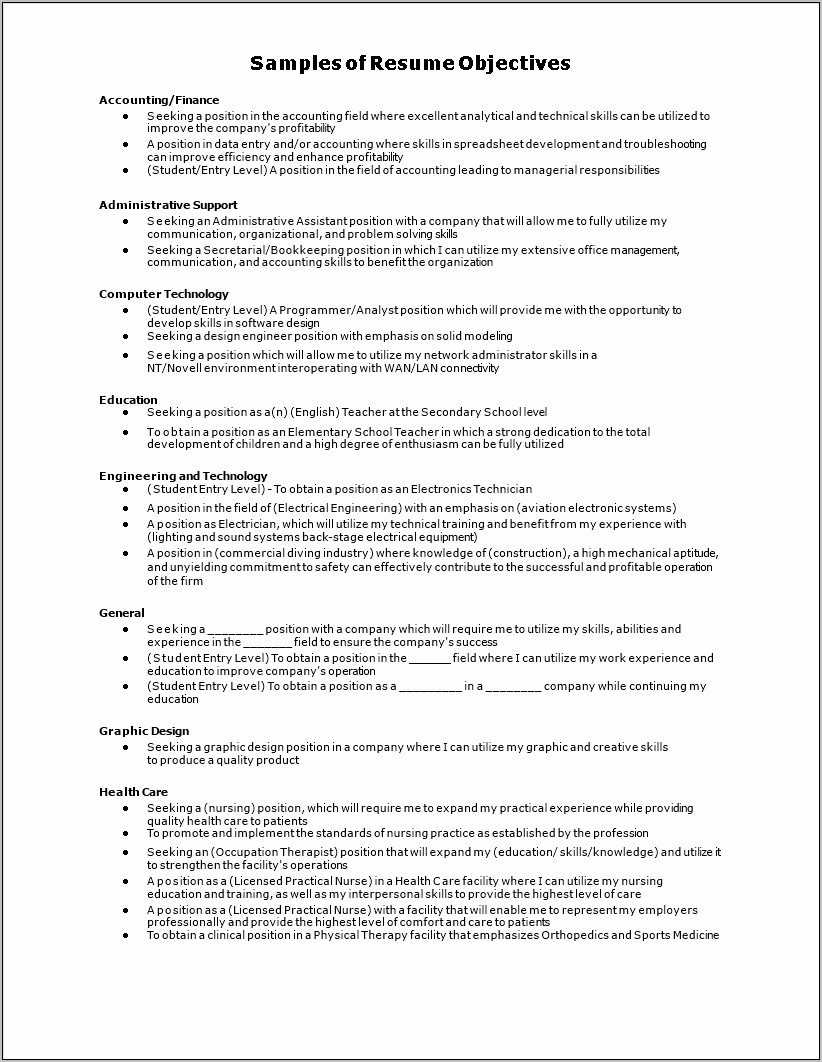 Generic Administrative Objective On Resume