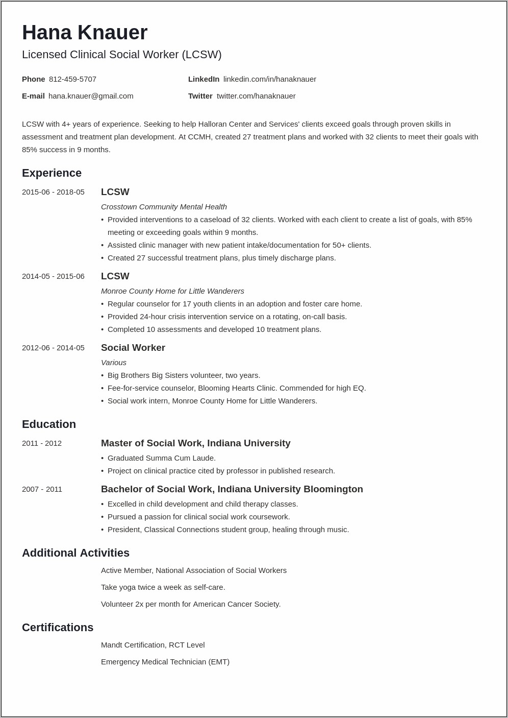 Geriatric Social Worker Resume Sample