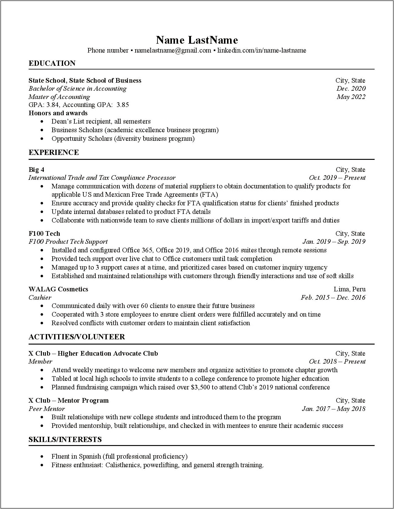 Goldman Sachs Internship Sample Resume