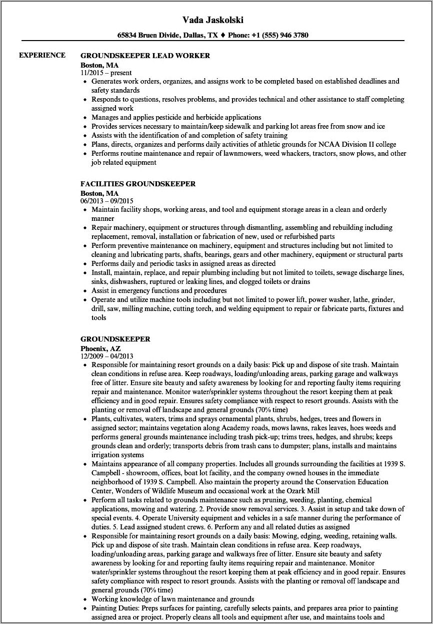 Golf Course Groundskeeper Resume Sample