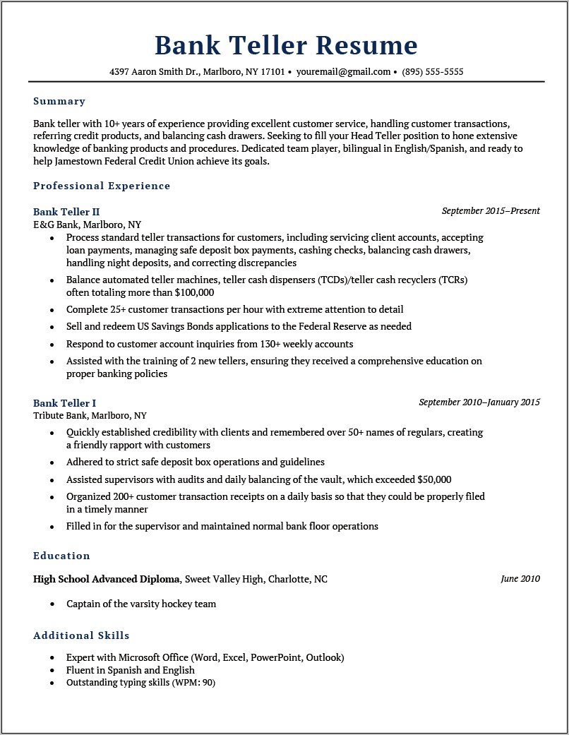 Good Bank Teller Resume Examples