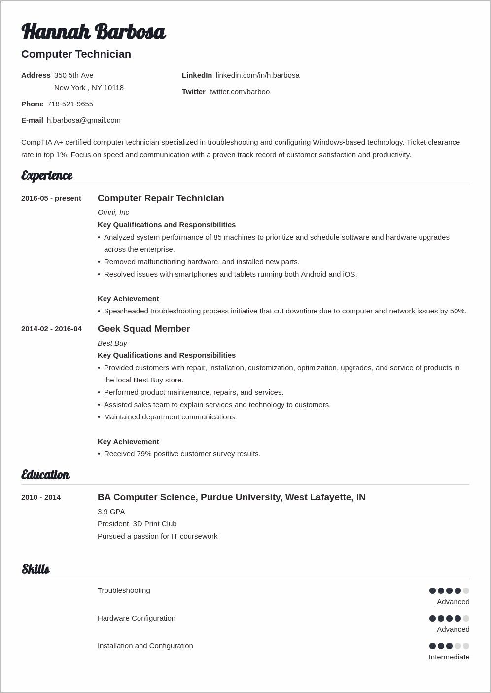 Good Computer Technician Resume Objective