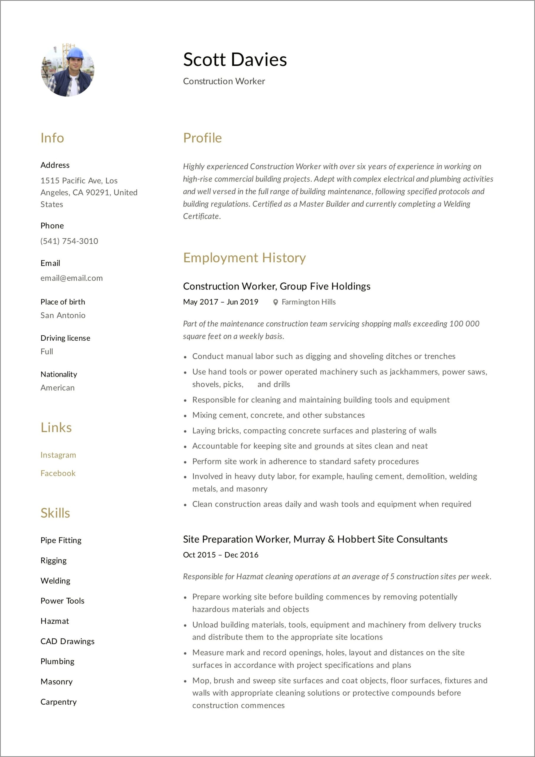 Good Skills For Construction Resume