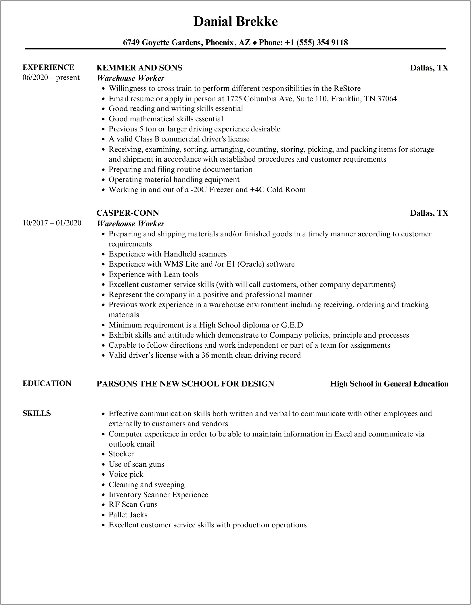 Good Skills For Warehouse Resume