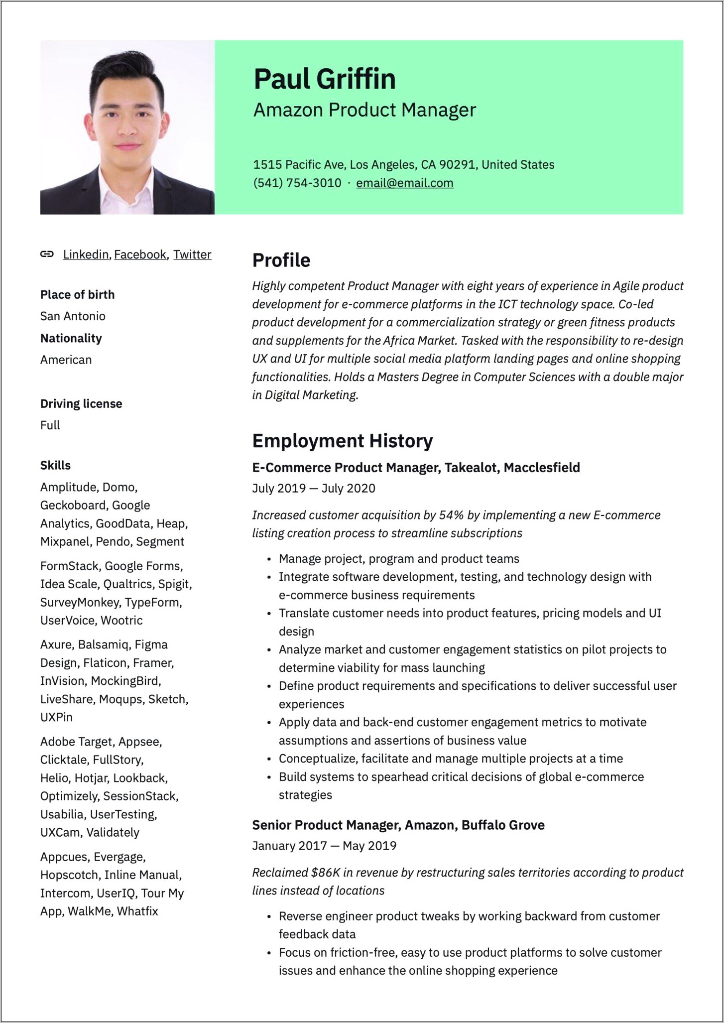 Google Product Marketing Manager Resume