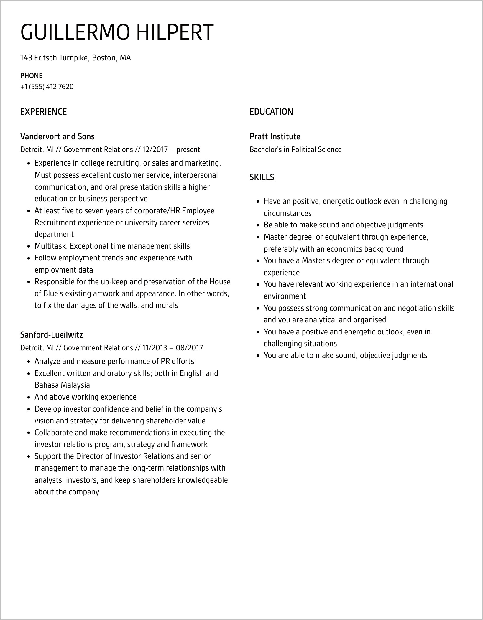 Government Relations Officer Resume Sample