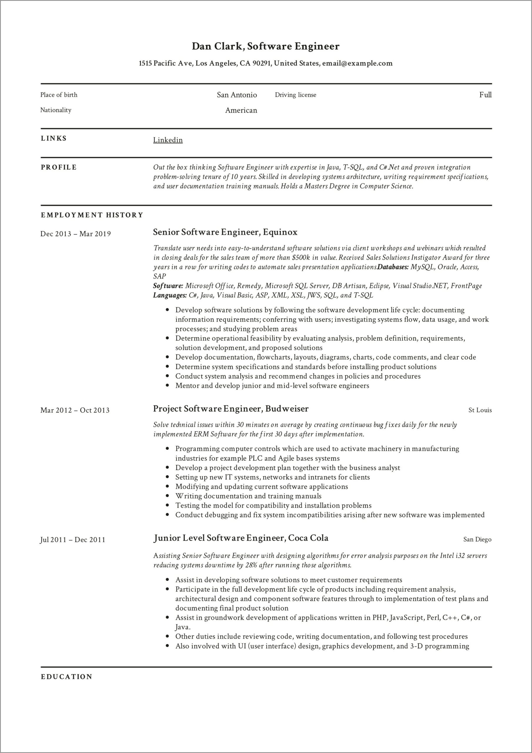 Great Resume Examples Software Engineer