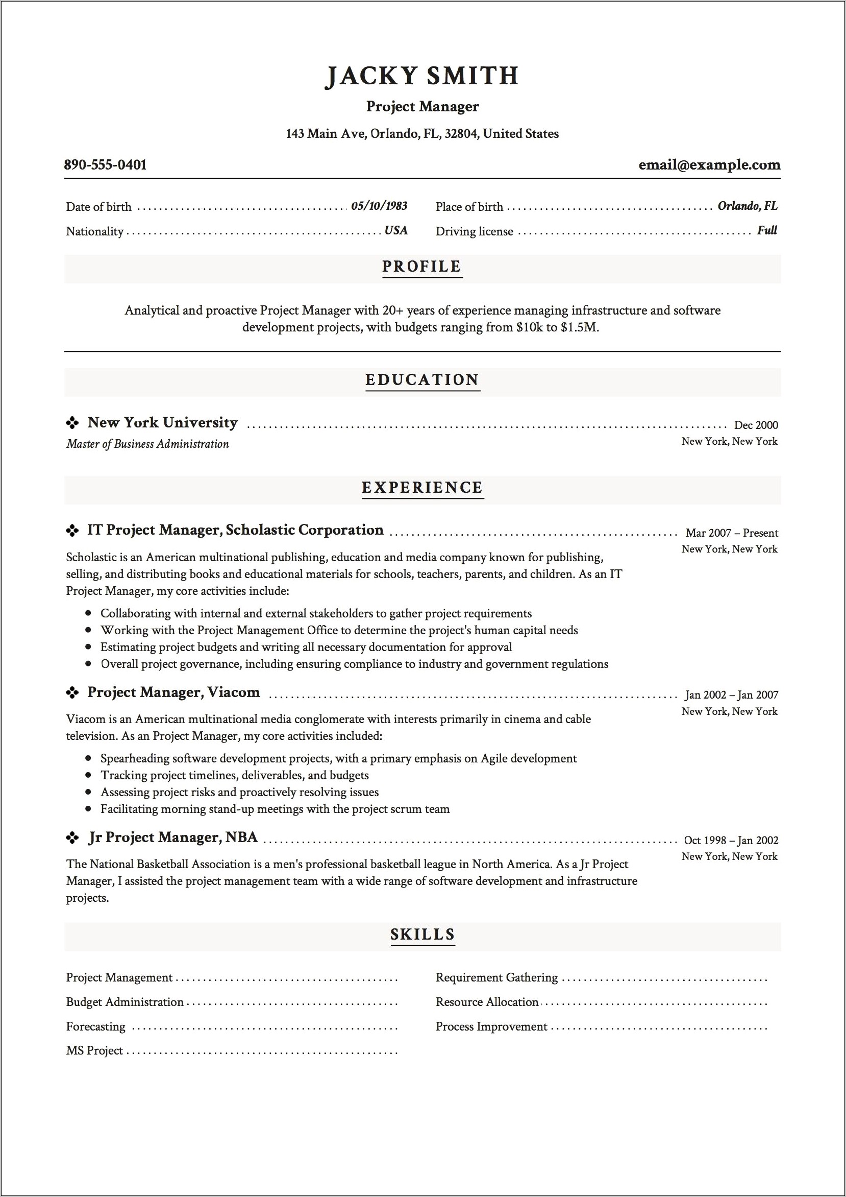 Great Sample Resume Project Director