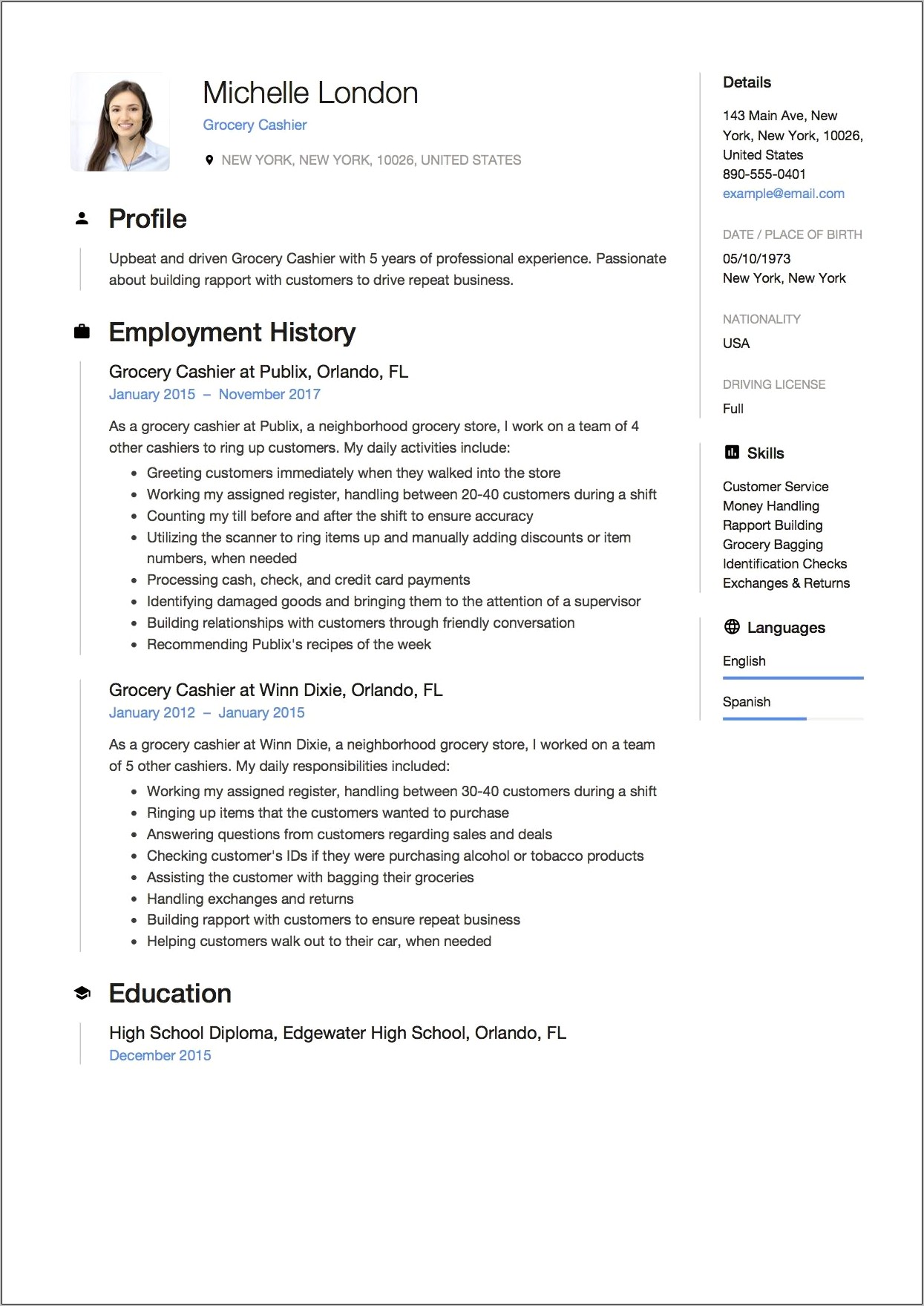 Grocery Cashier Bagger Resume Examples