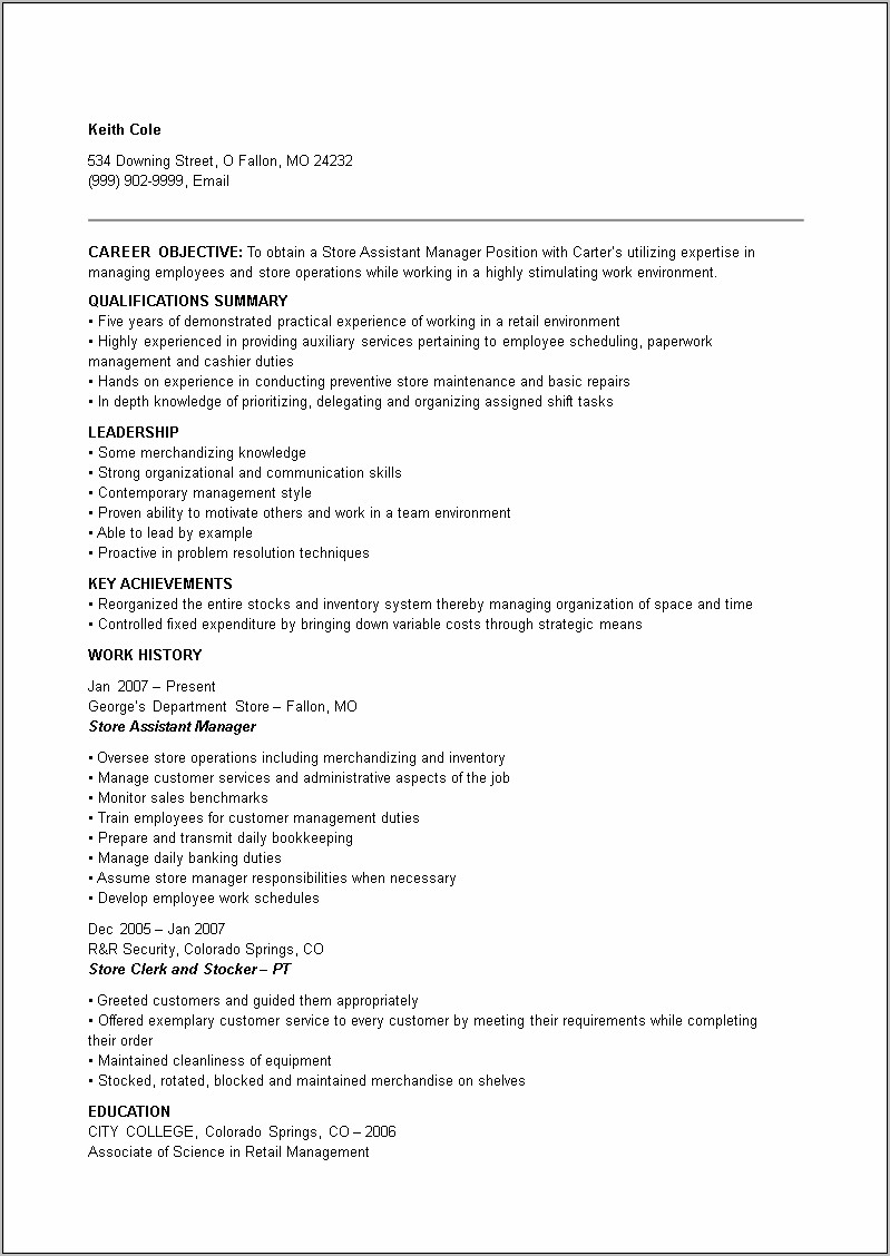 Grocery Manager Job Description Resume