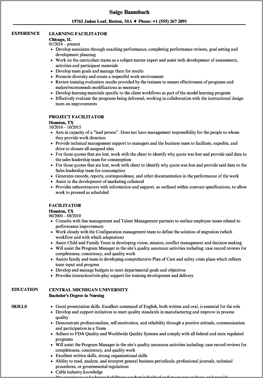 Group Activities Facilitator Resume Example