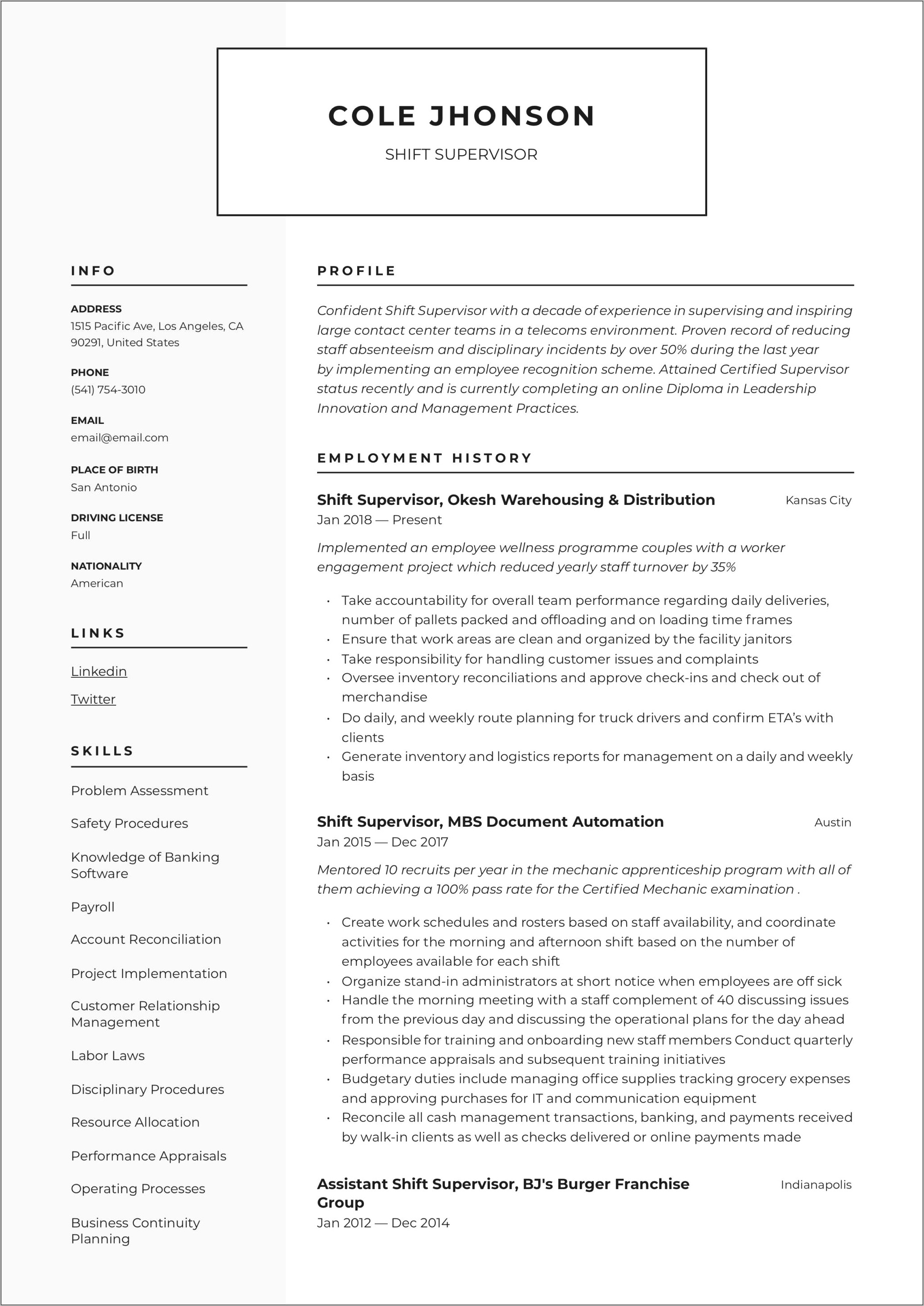 Group Home Supervisor Resume Sample