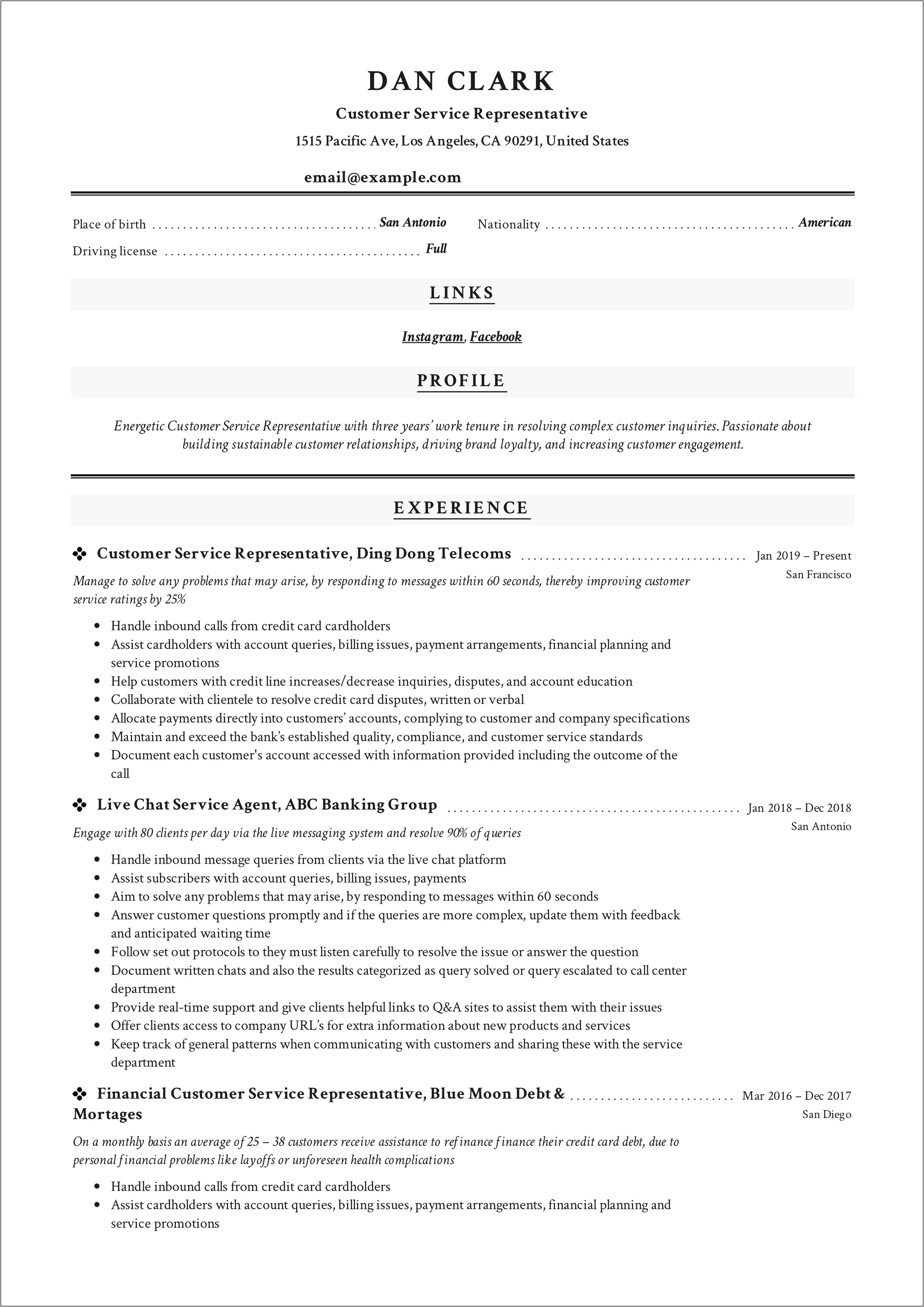 Guest Service Agent Resume Example