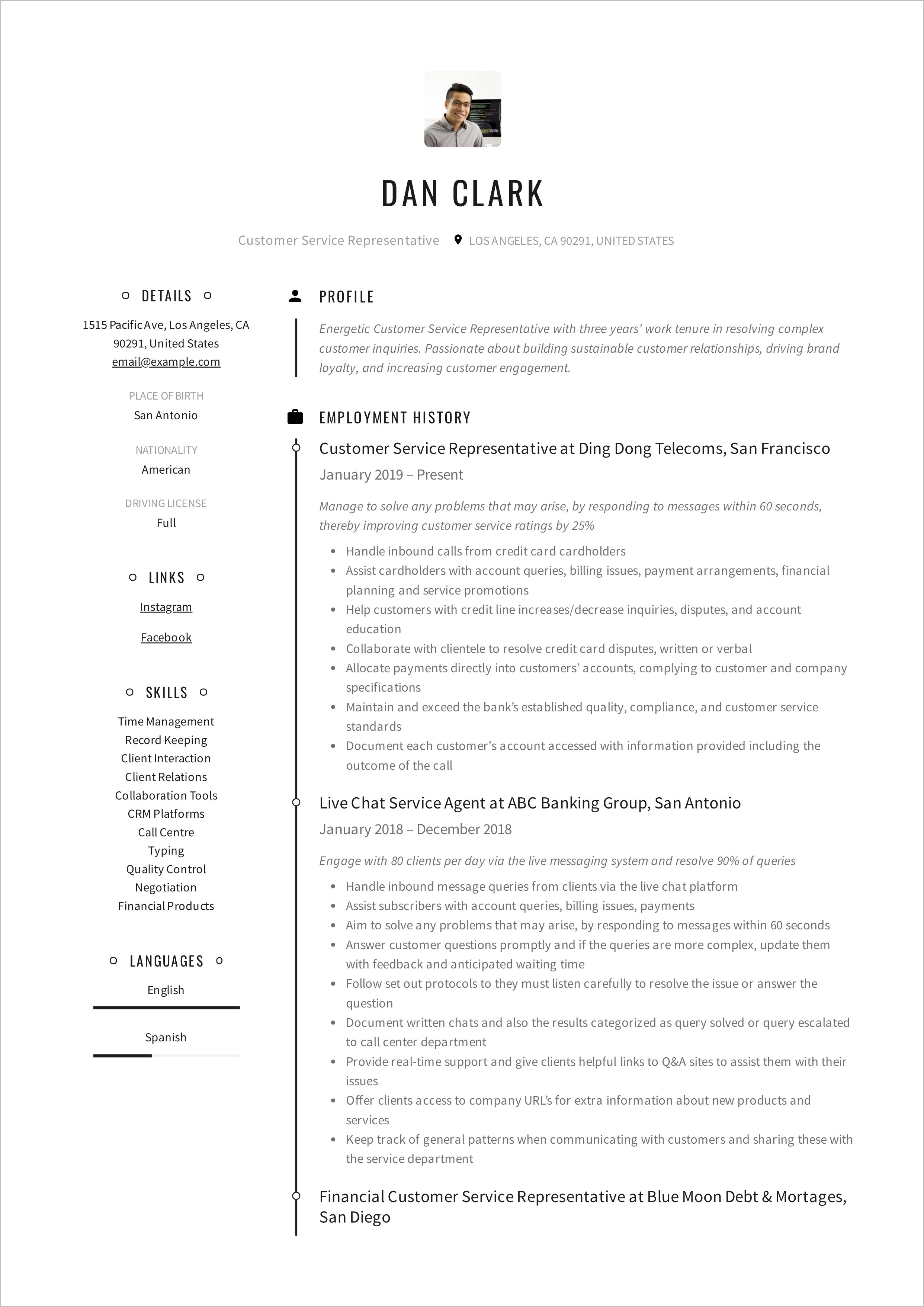 Guest Service Representative Resume Sample