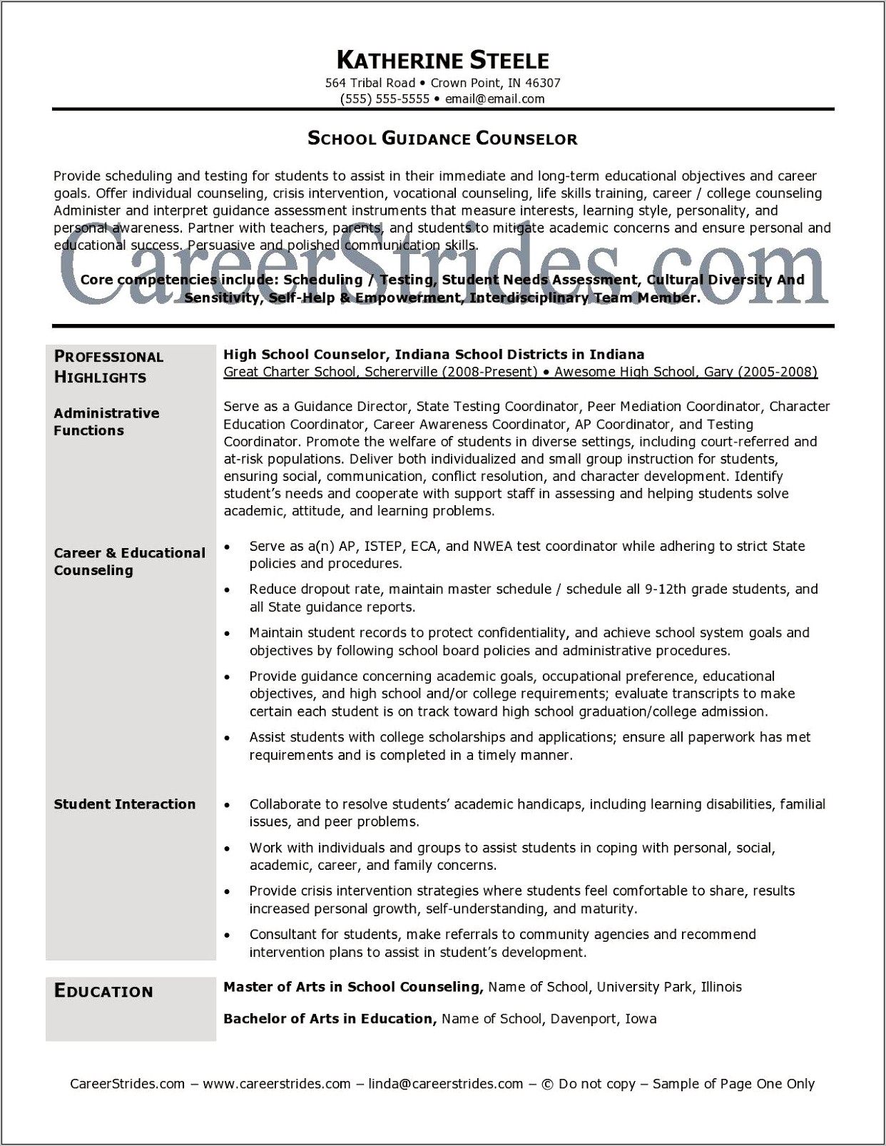 Guidance Counselor Resume Objective Sample