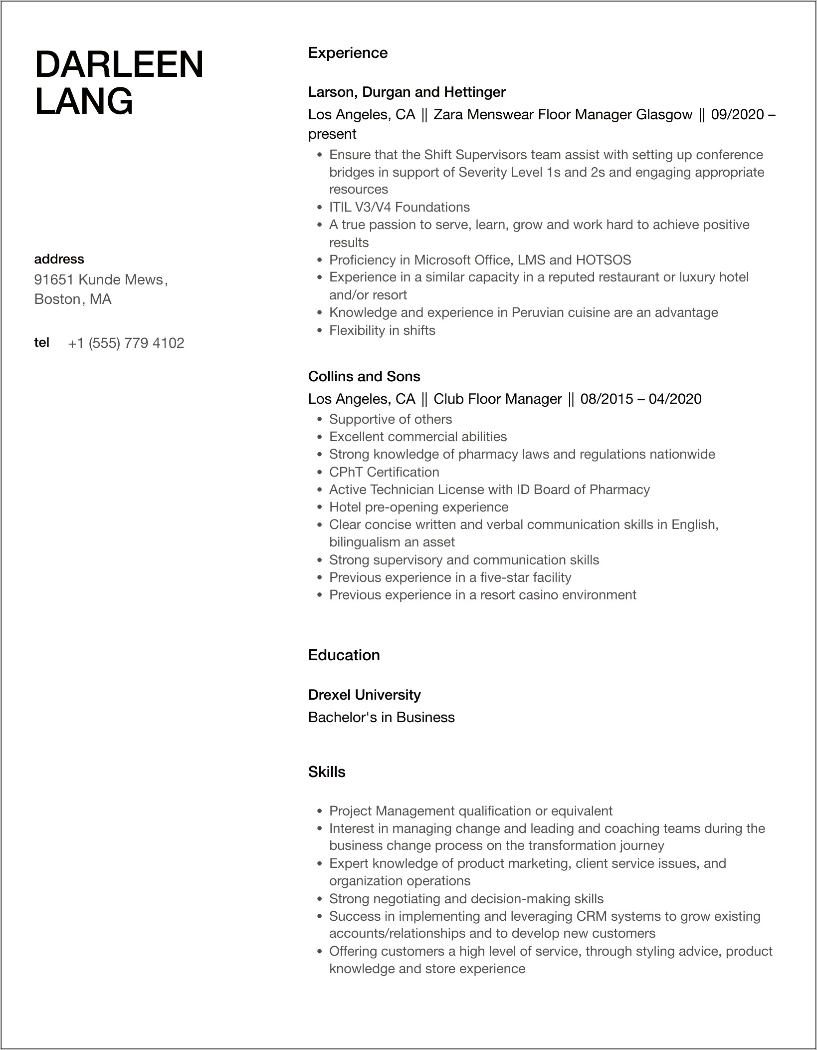 Guns Tore Floor Manager Resume