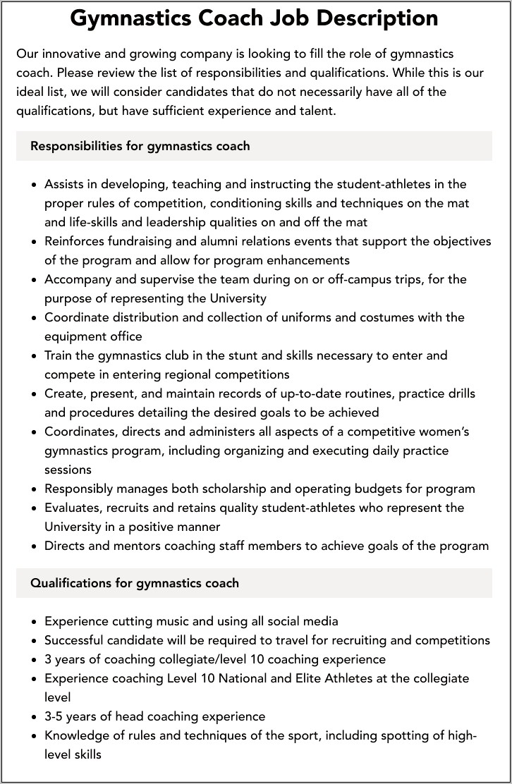 Gymnastics Coach Job Description Resume