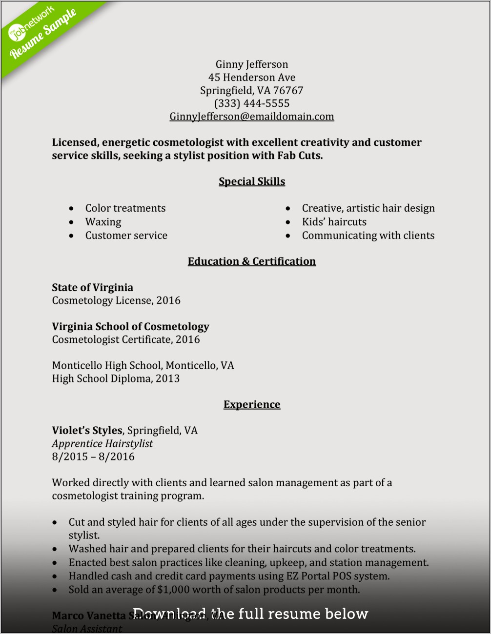 Hair Salon Assistant Resume Example