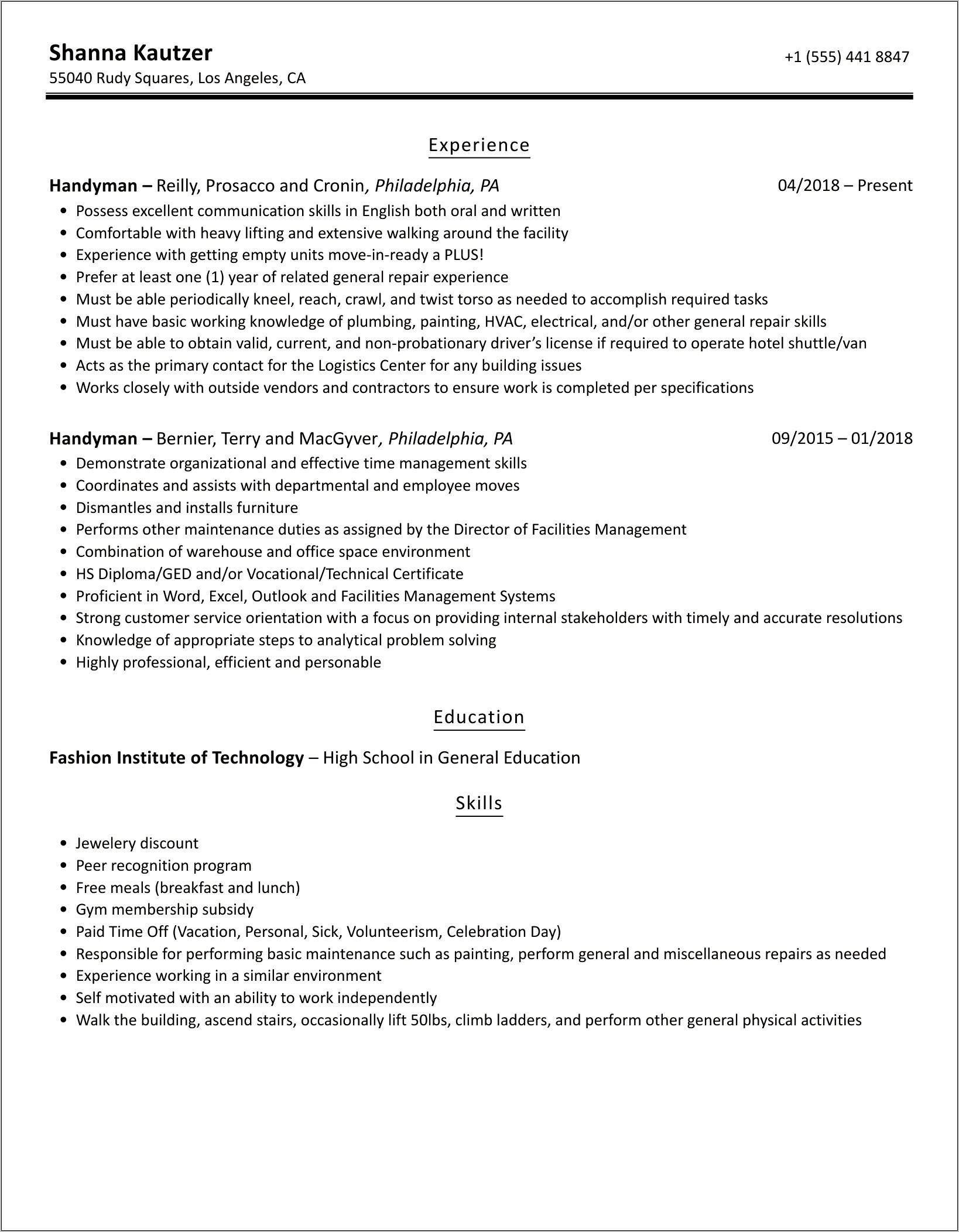 Handyman Service For Resume Sample