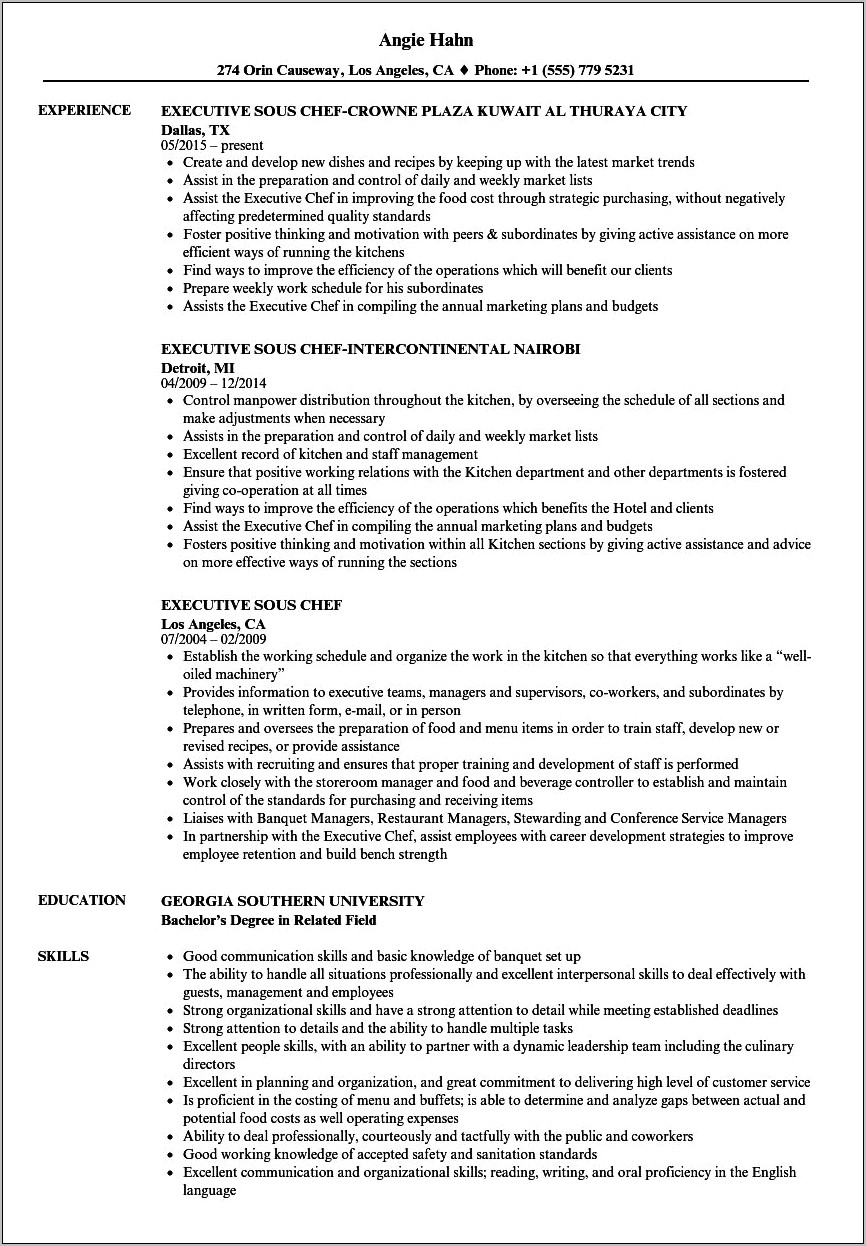 Head Chef Resume Job Responsibilities