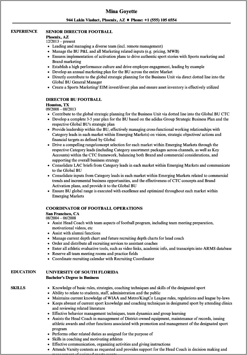 Head Football Coaching Resume Samples