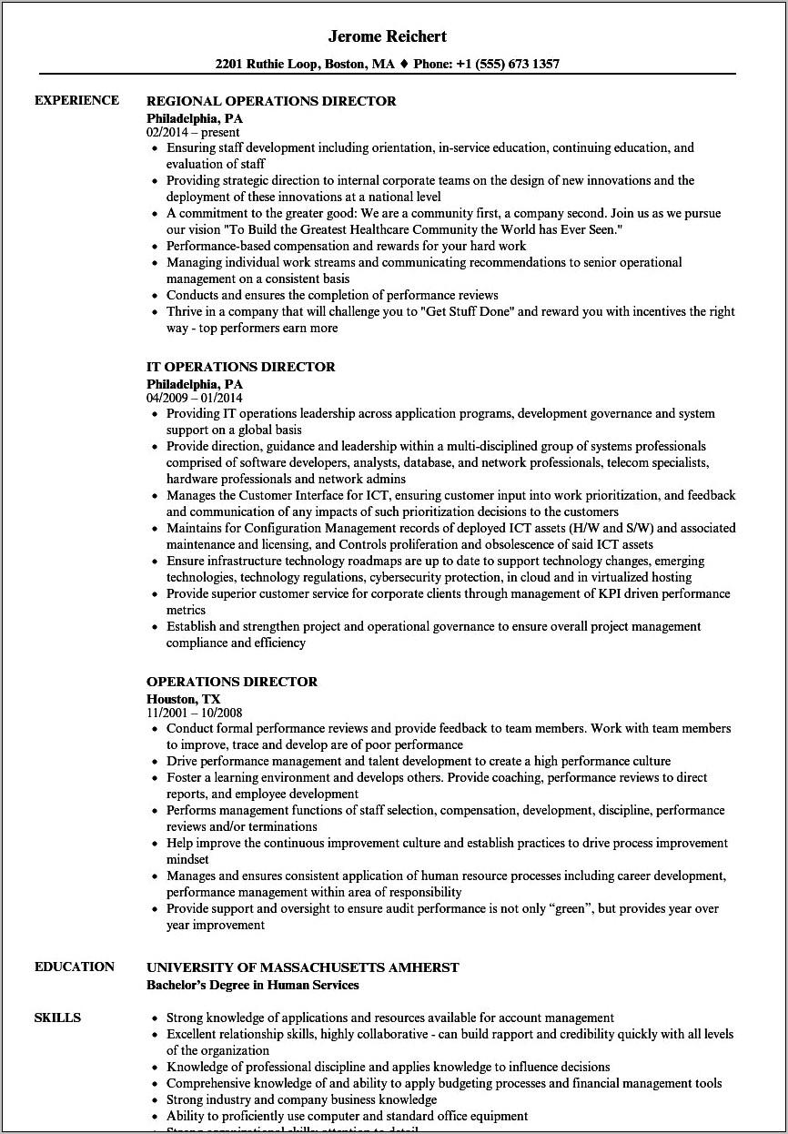 Head Of Operations Resume Sample