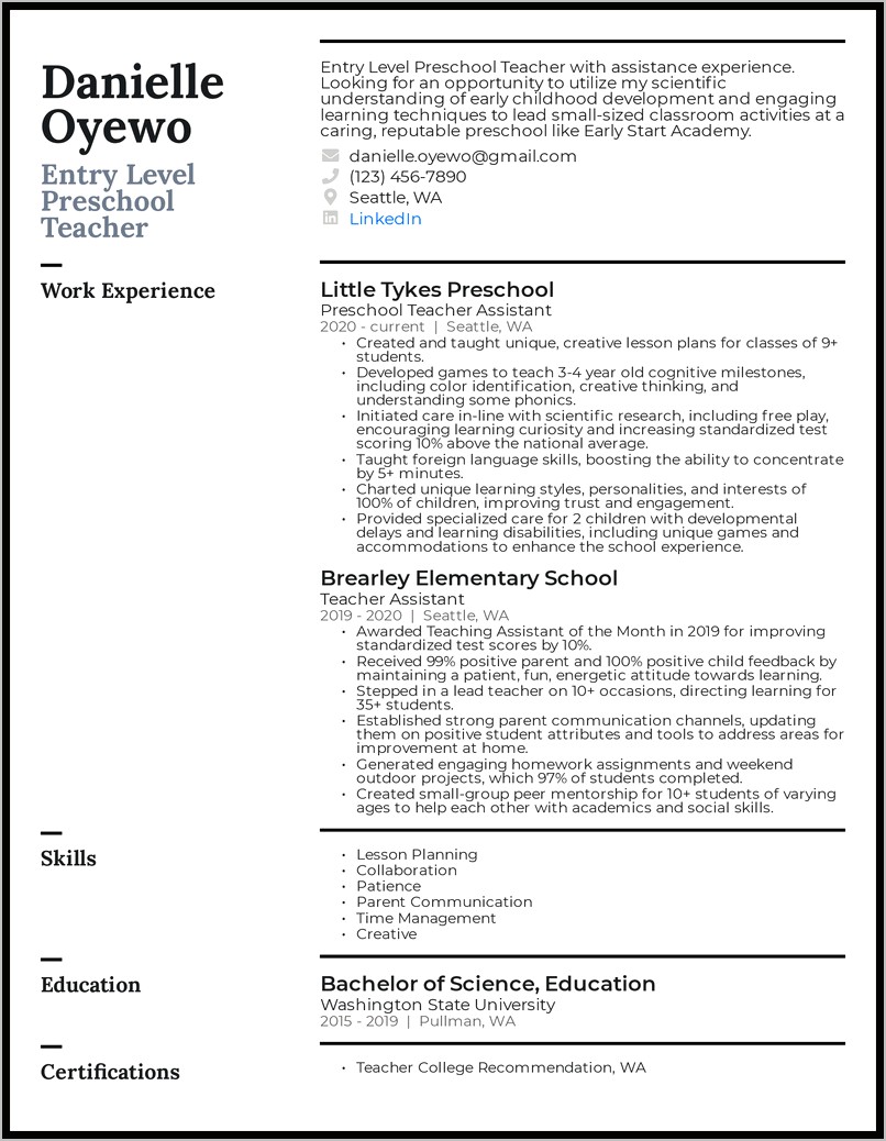 Head Start Teacher Job Resume