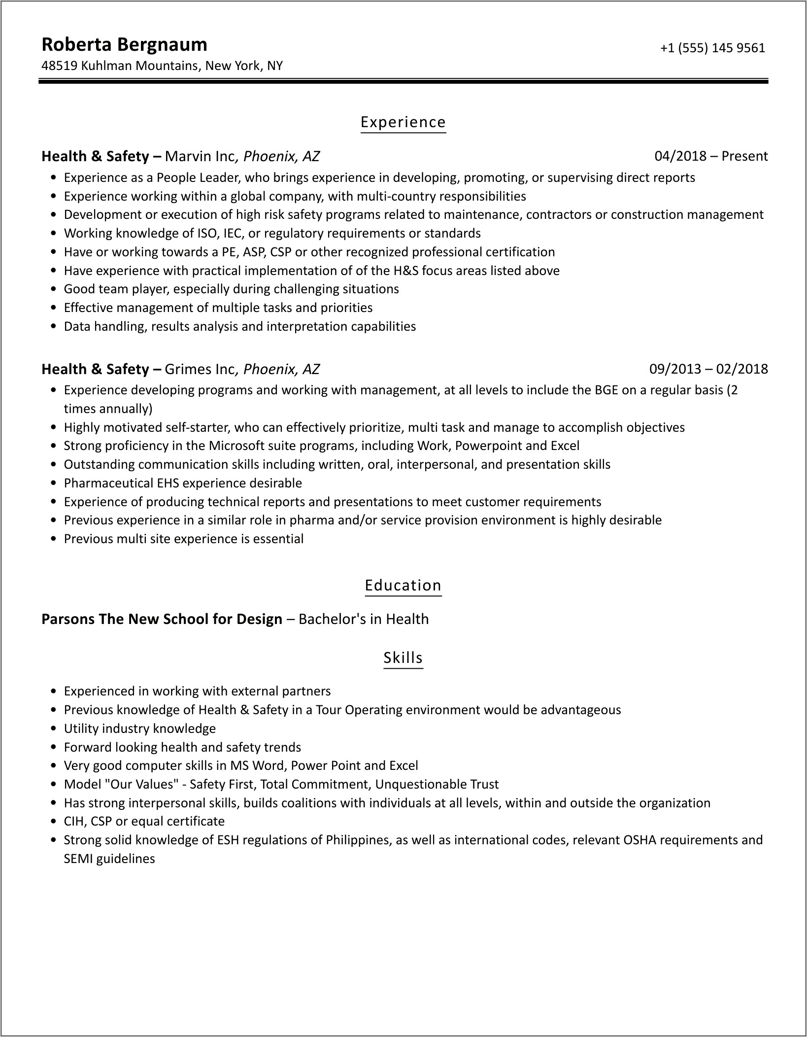 Health And Safety Resume Sample