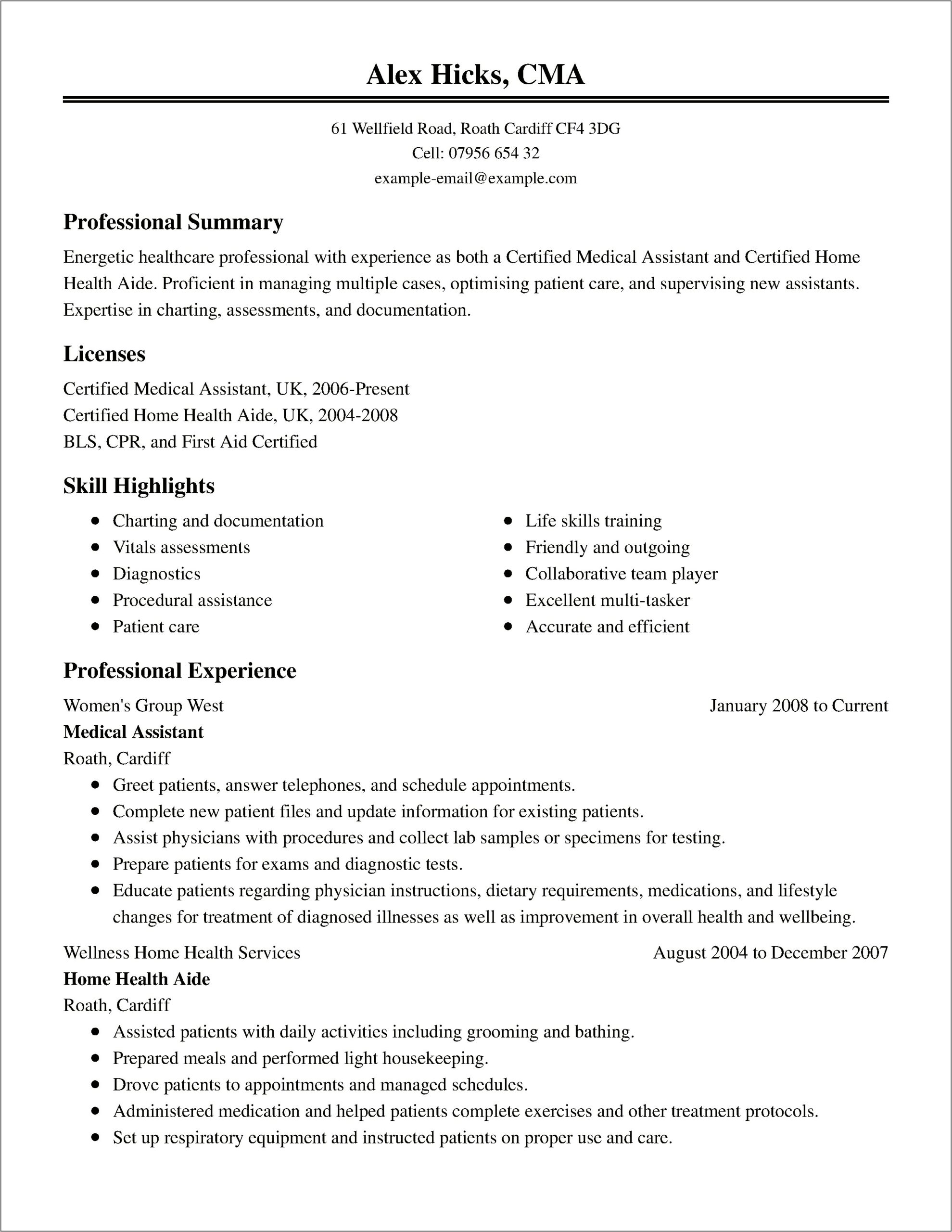 Health And Wellness Resume Example