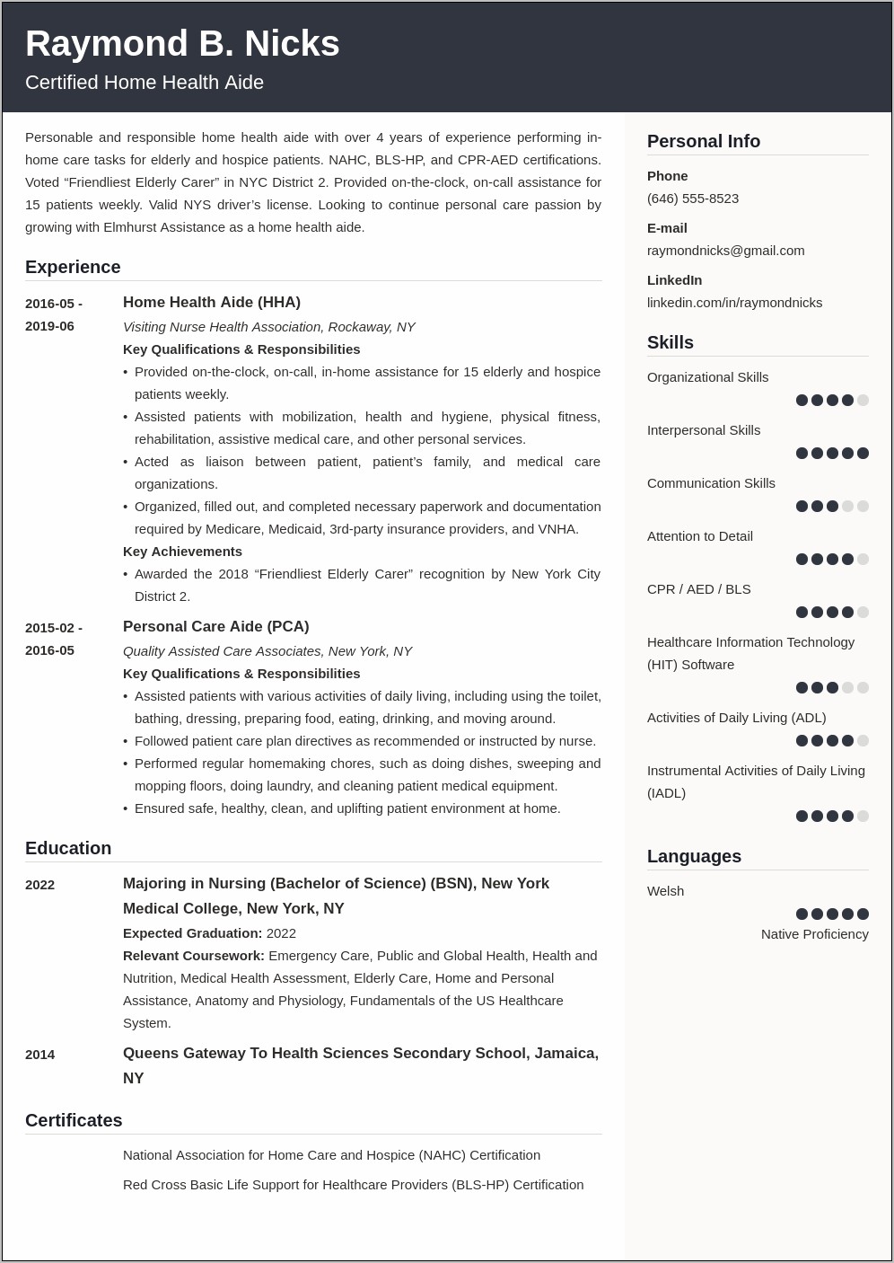 Health Care Aide Sample Resumes