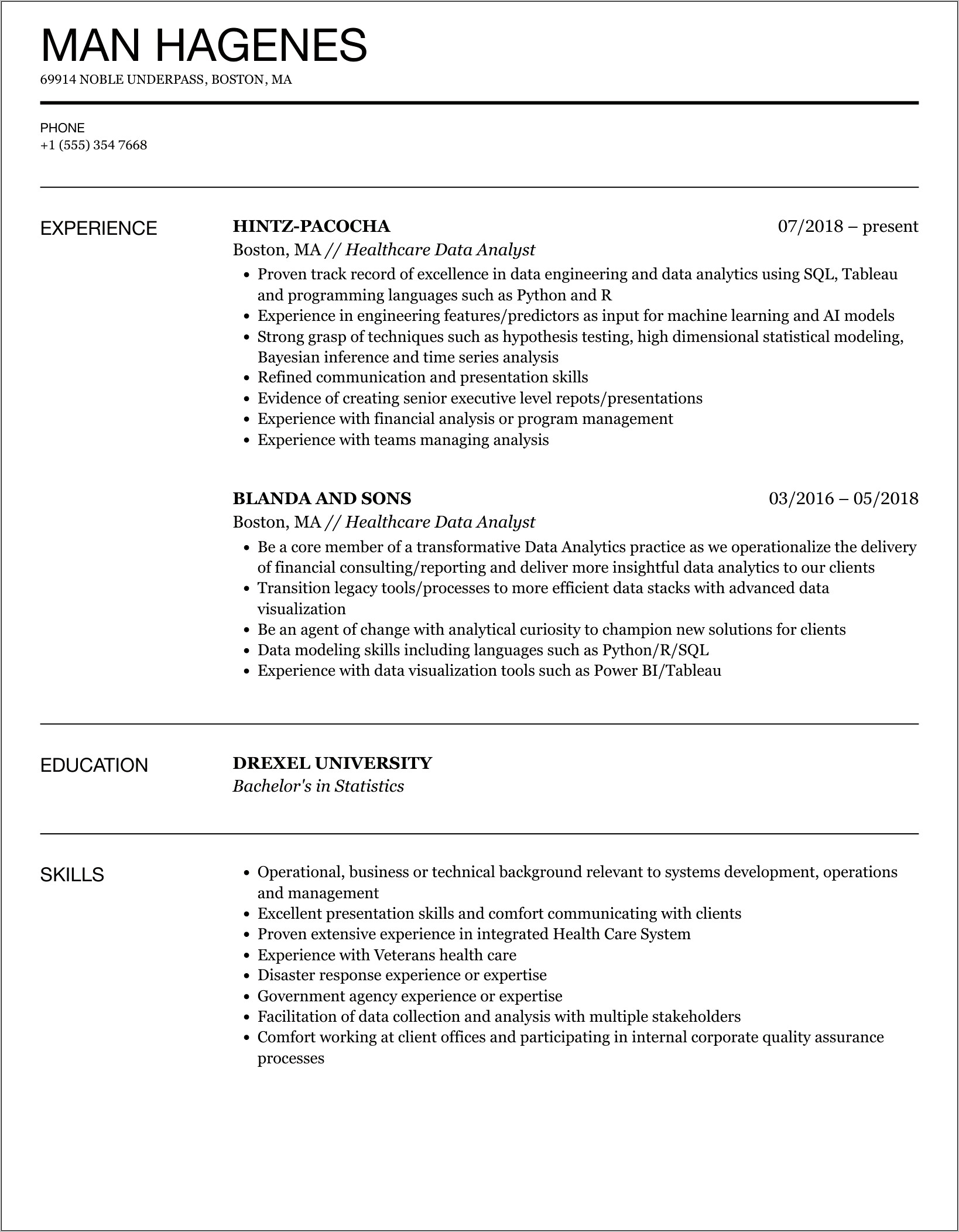 Health Data Analyst Resume Sample