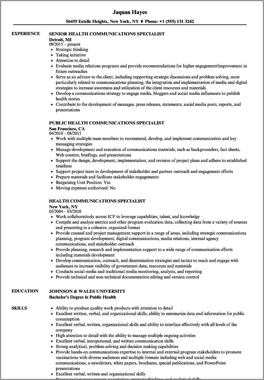 Health Education Specialist Resume Example