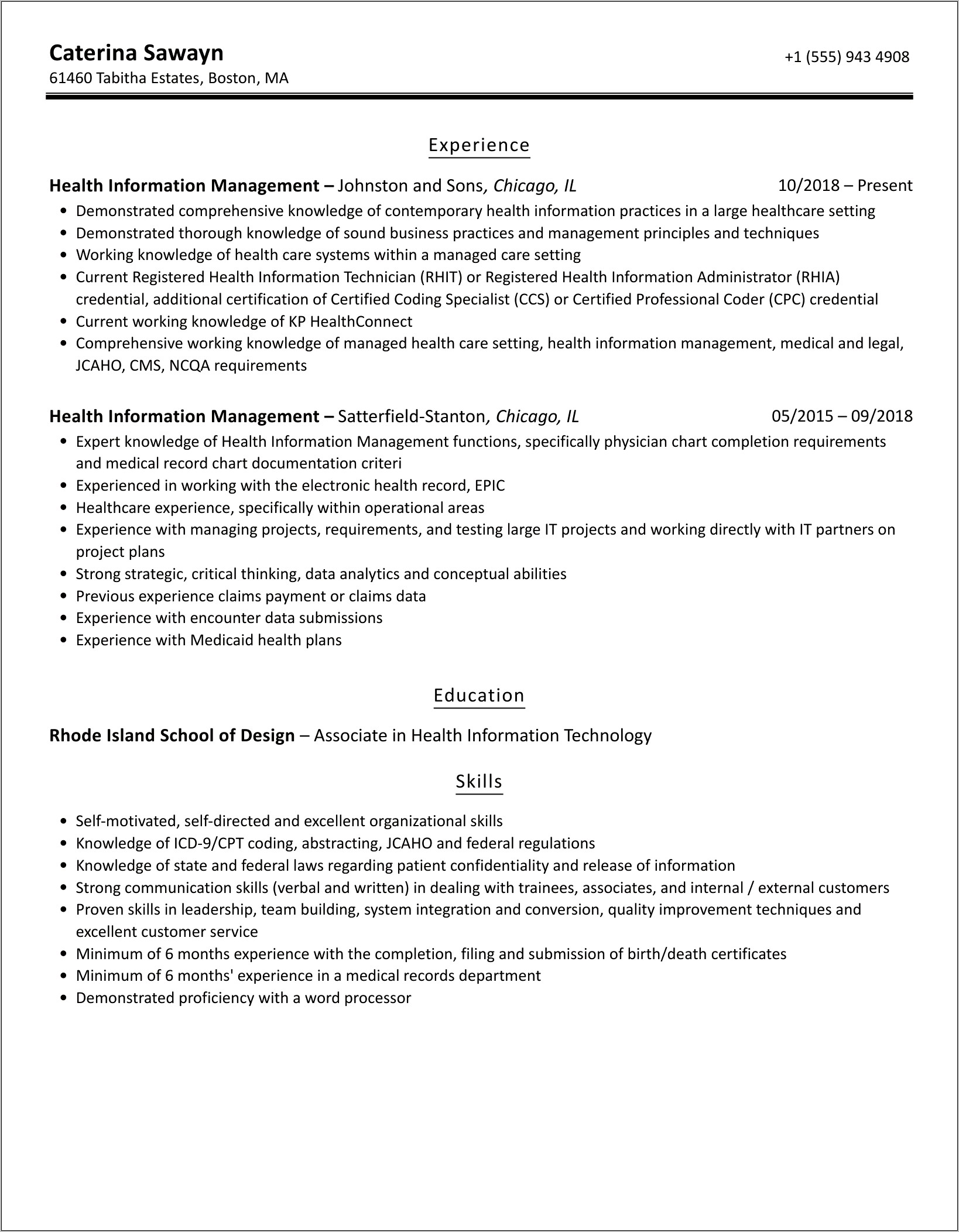 Health Information Manager Resume Sample