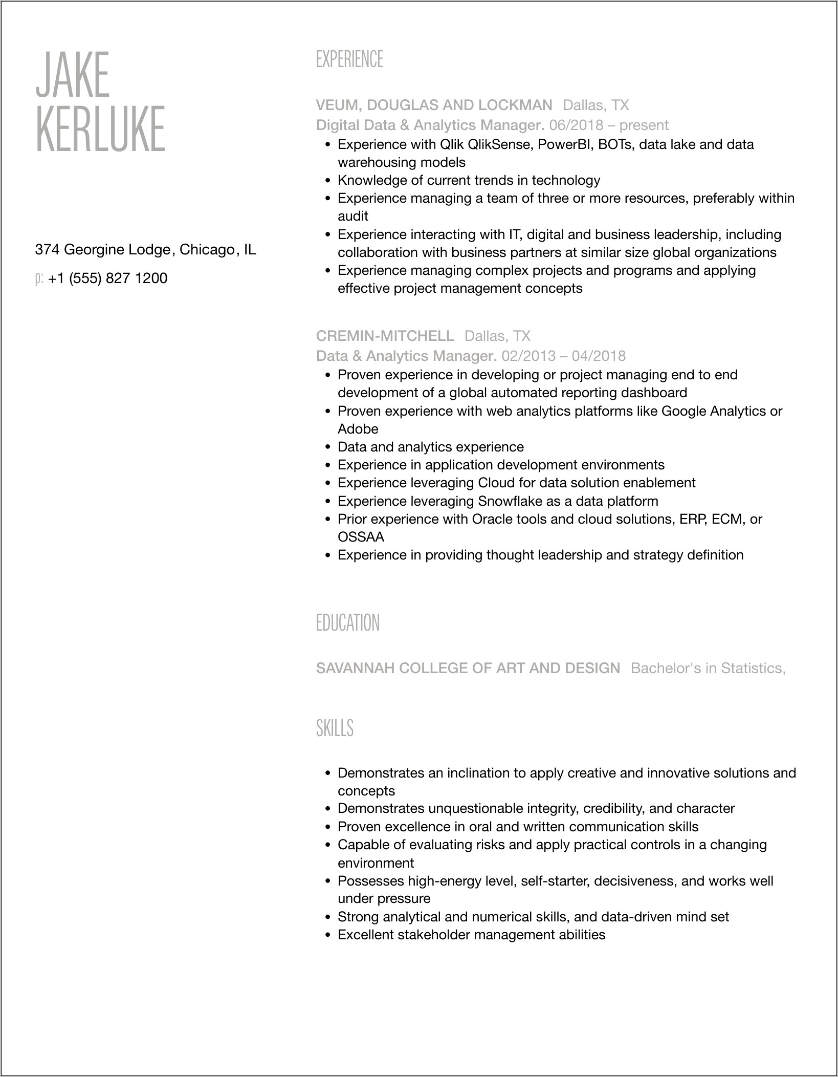 Healthcare Analytics Manager Resume Sample