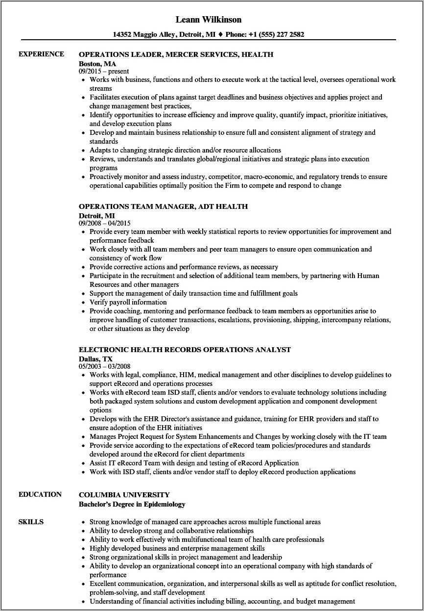 Healthcare Operations Manager Resume Sample